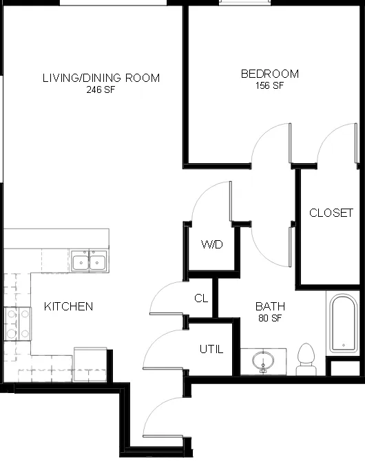 Modern floor plan showcasing a 1-bedroom, spacious living/dining area, and a functional kitchen layout.