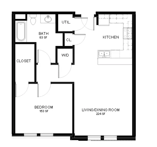 Modern apartment floor plan featuring a spacious living/dining room, well-designed kitchen, cozy bedroom, and efficient bathroom layout.