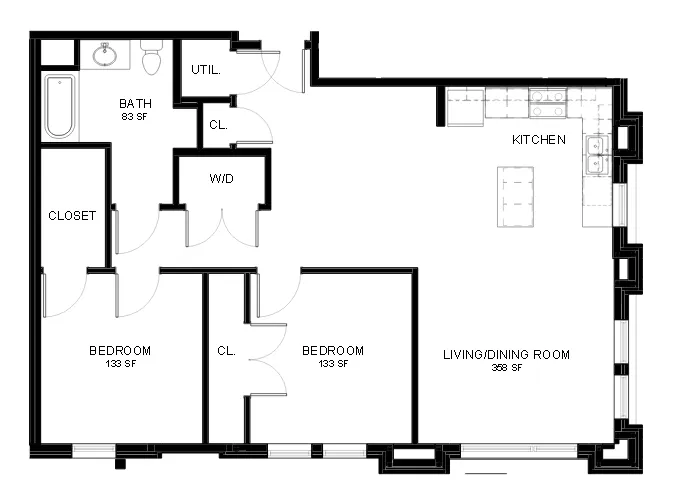 Charming floor plan showcasing 2 bedrooms, a large living/dining area, modern kitchen, and convenient utility space.