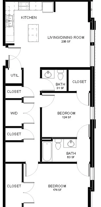 Modern floor plan featuring two spacious bedrooms, open living/dining room, efficient kitchen layout, and ample storage space.
