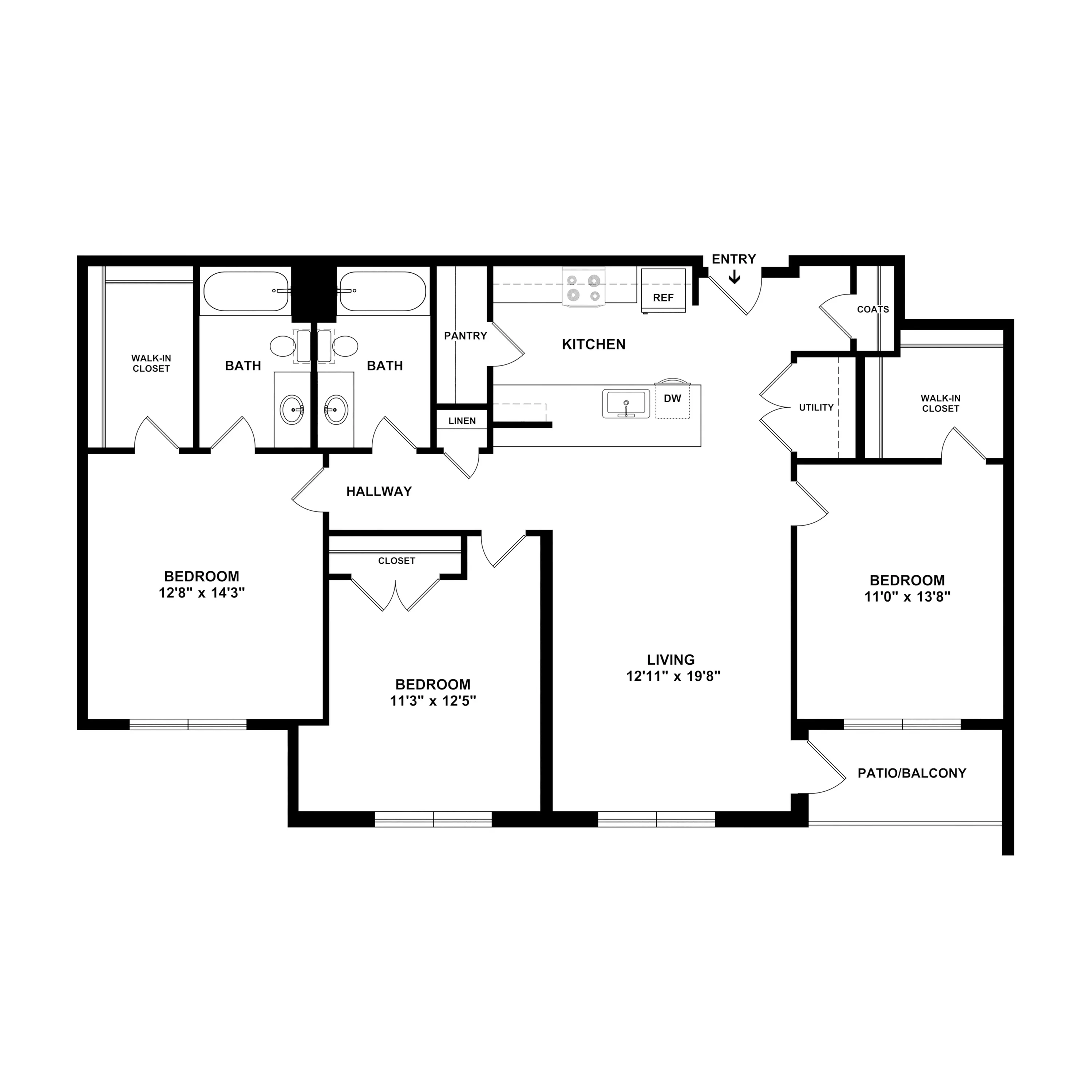 3A Horizon - Spacious floor plan featuring 3 bedrooms, 2 bathrooms, open-concept kitchen with pantry, and a large living area with access to a patio balcony.