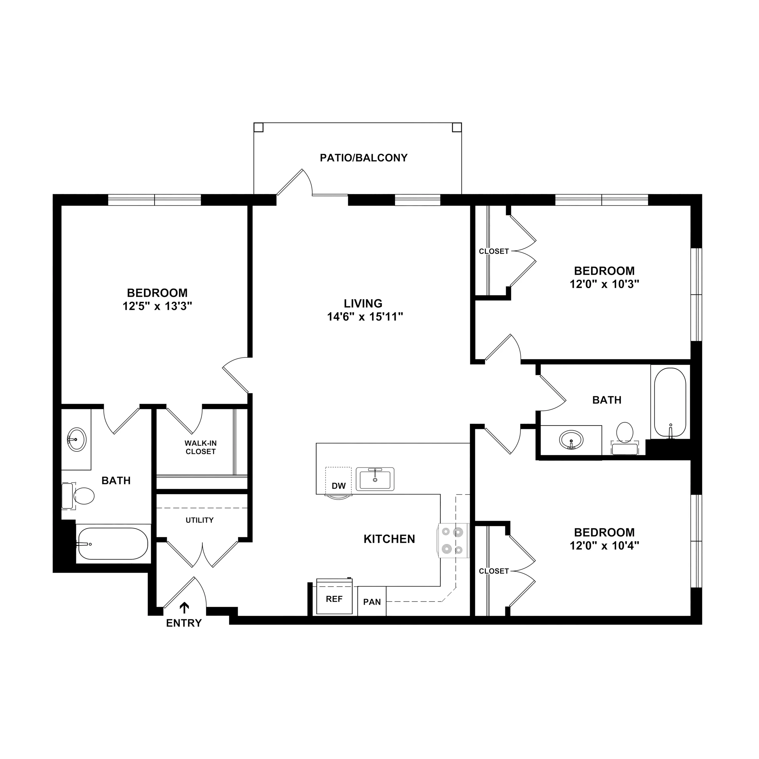 3B Bluff - Contemporary 3-bedroom apartment floor plan with spacious living area, modern kitchen, and private patio/balcony.