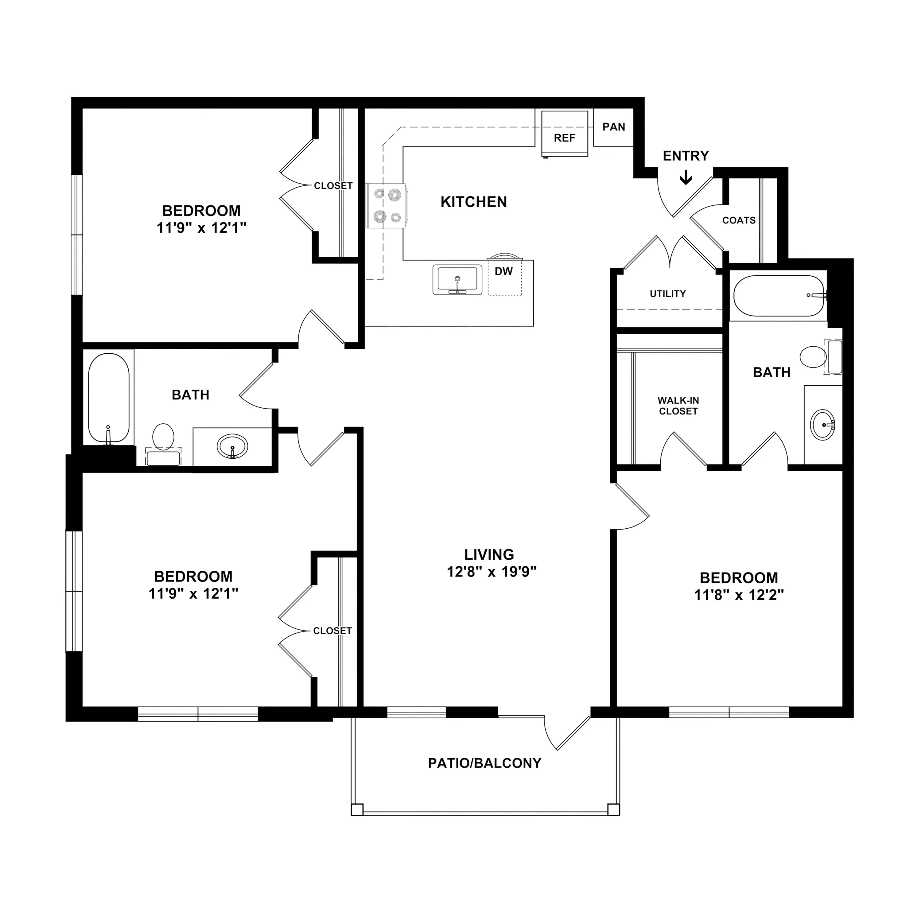 3C Driftwood - Elegant 3-bedroom floor plan featuring an open living area, modern kitchen, and dual bathrooms with a patio/balcony.