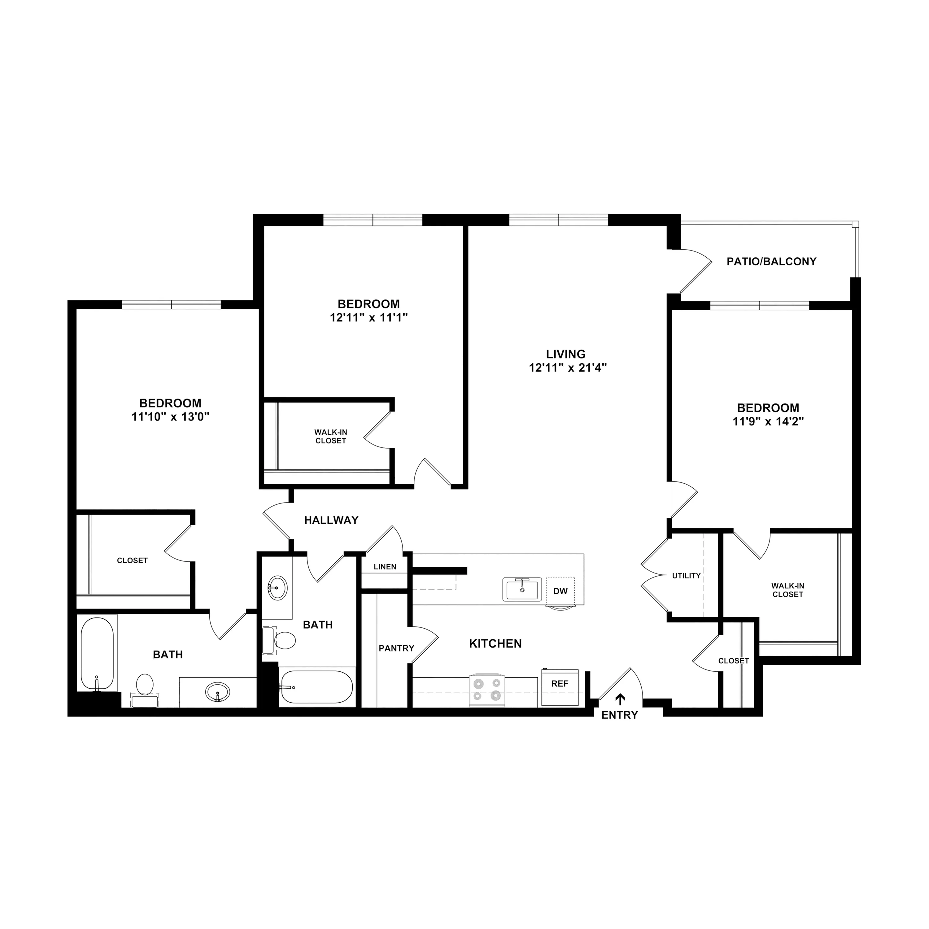 3D Sanctuary - Elegant floor plan featuring 3 spacious bedrooms, an open living area leading to a patio, and a modern kitchen with pantry storage.
