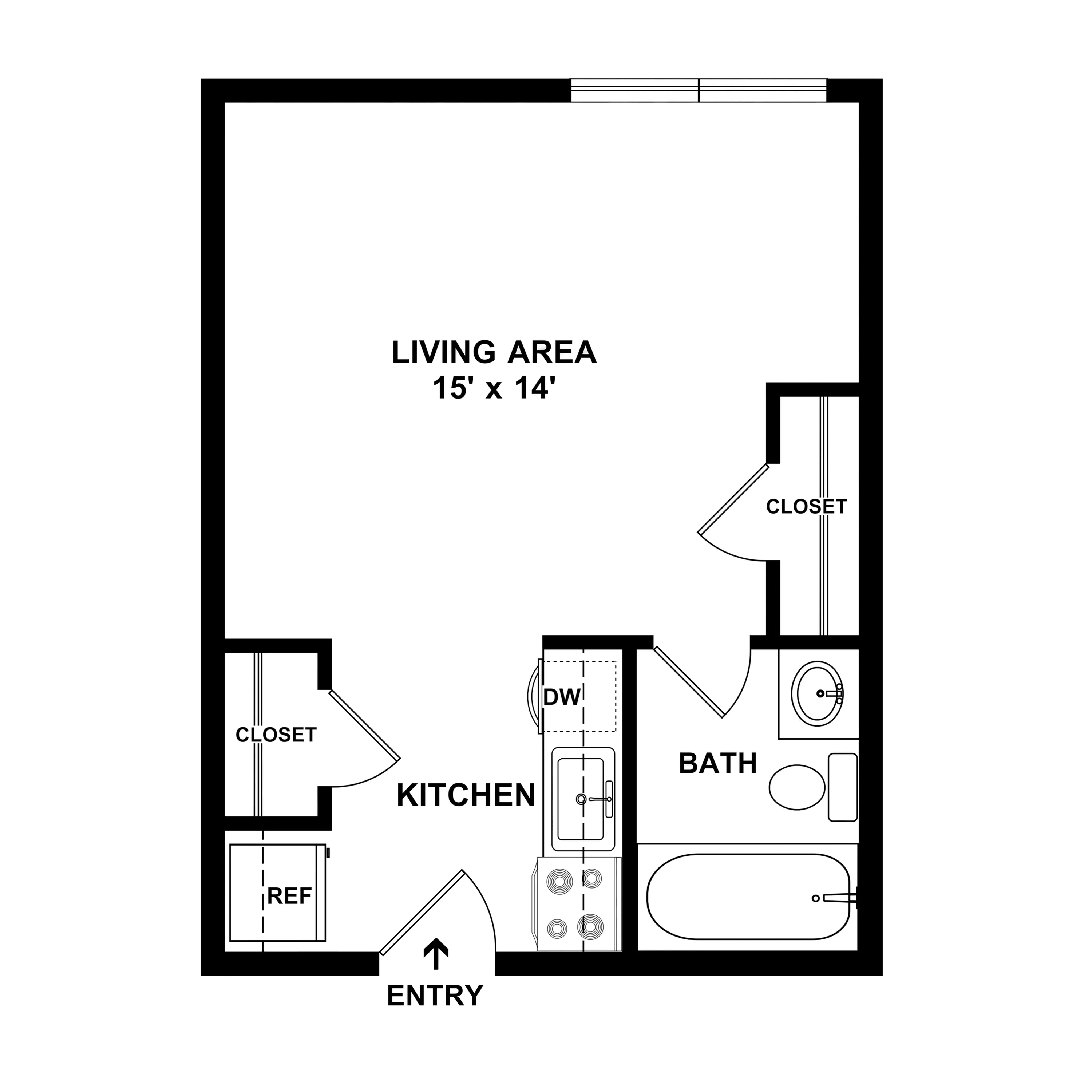 Studio Shell - Modern studio floor plan featuring a spacious 15 x 14 living area, efficient kitchen, and well-appointed bathroom with ample closet space.