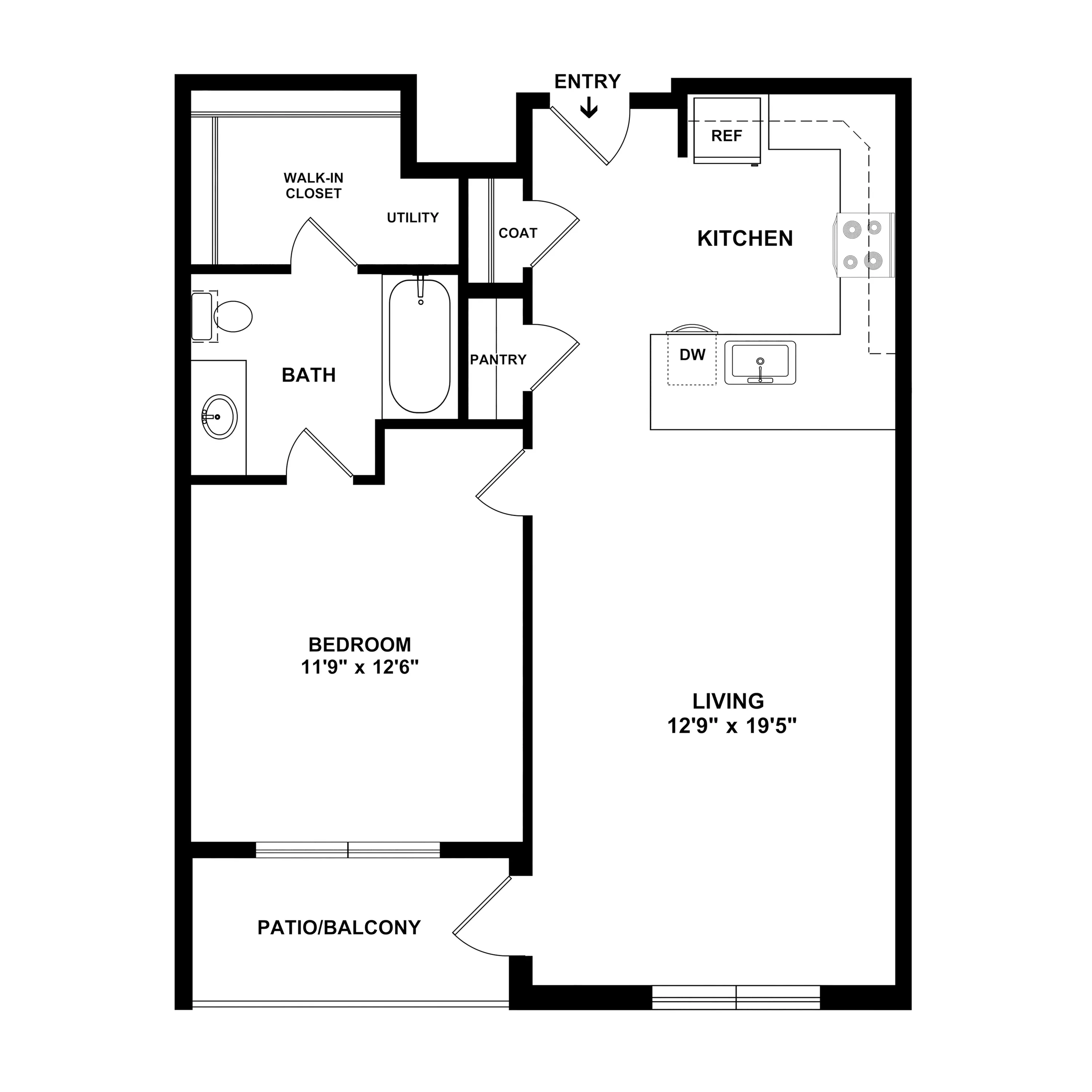 1A Prairie - Modern apartment floor plan featuring 1 bedroom with walk-in closet, spacious living area, and functional kitchen with pantry. Includes bath, utility room, and outdoor patio/balcony.
