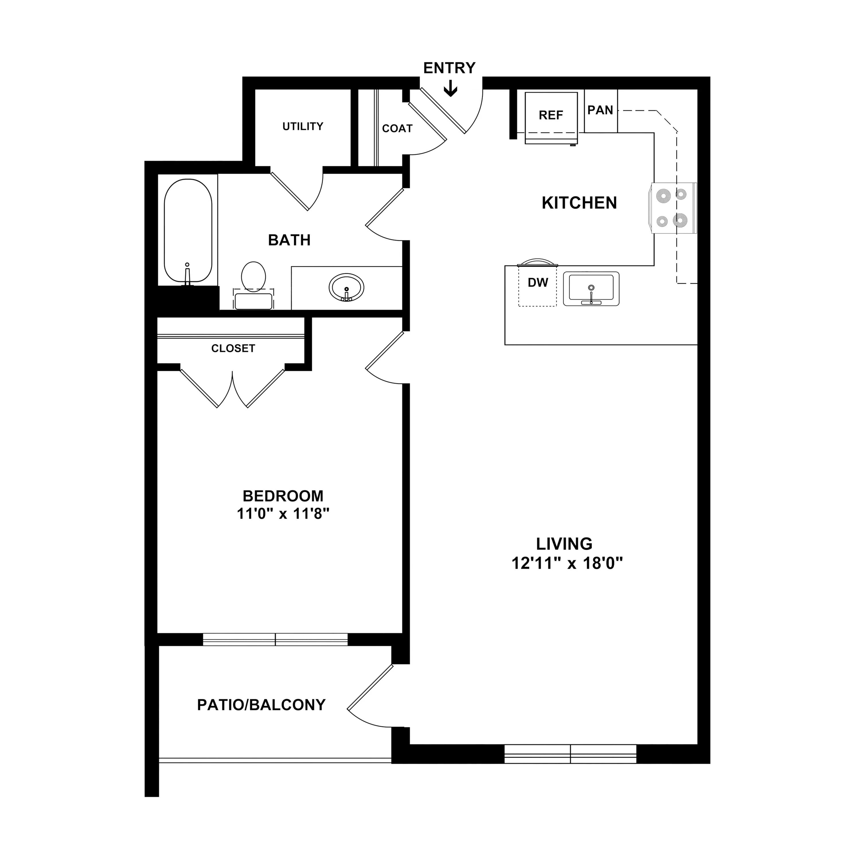 1B Timberline - Modern floor plan featuring a spacious one-bedroom layout with an open-concept kitchen and living area, complete with a patio/balcony and utility space.