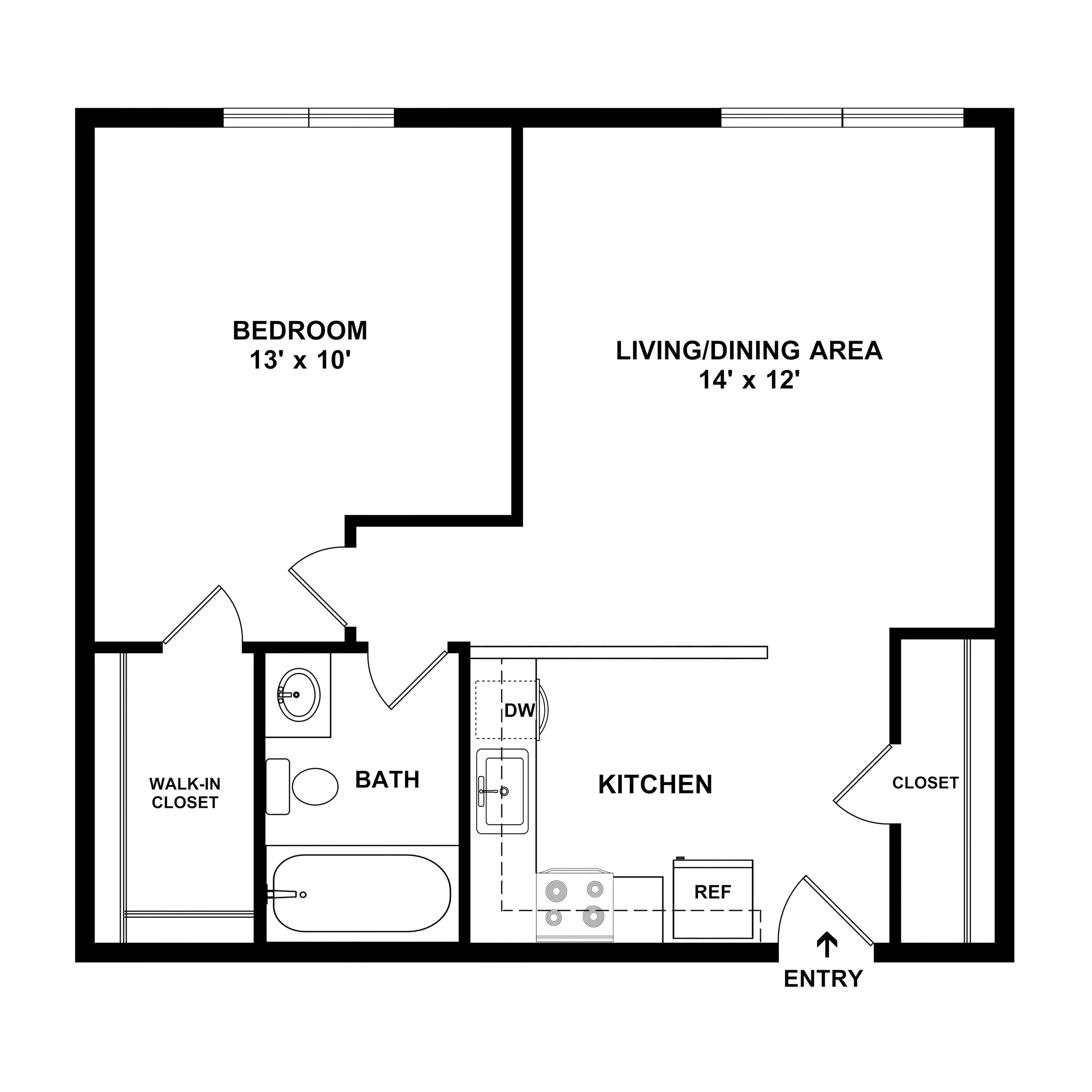1C Hickory - Contemporary floor plan showcasing a spacious 1-bedroom apartment with open living/dining area, modern kitchen, and a walk-in closet.
