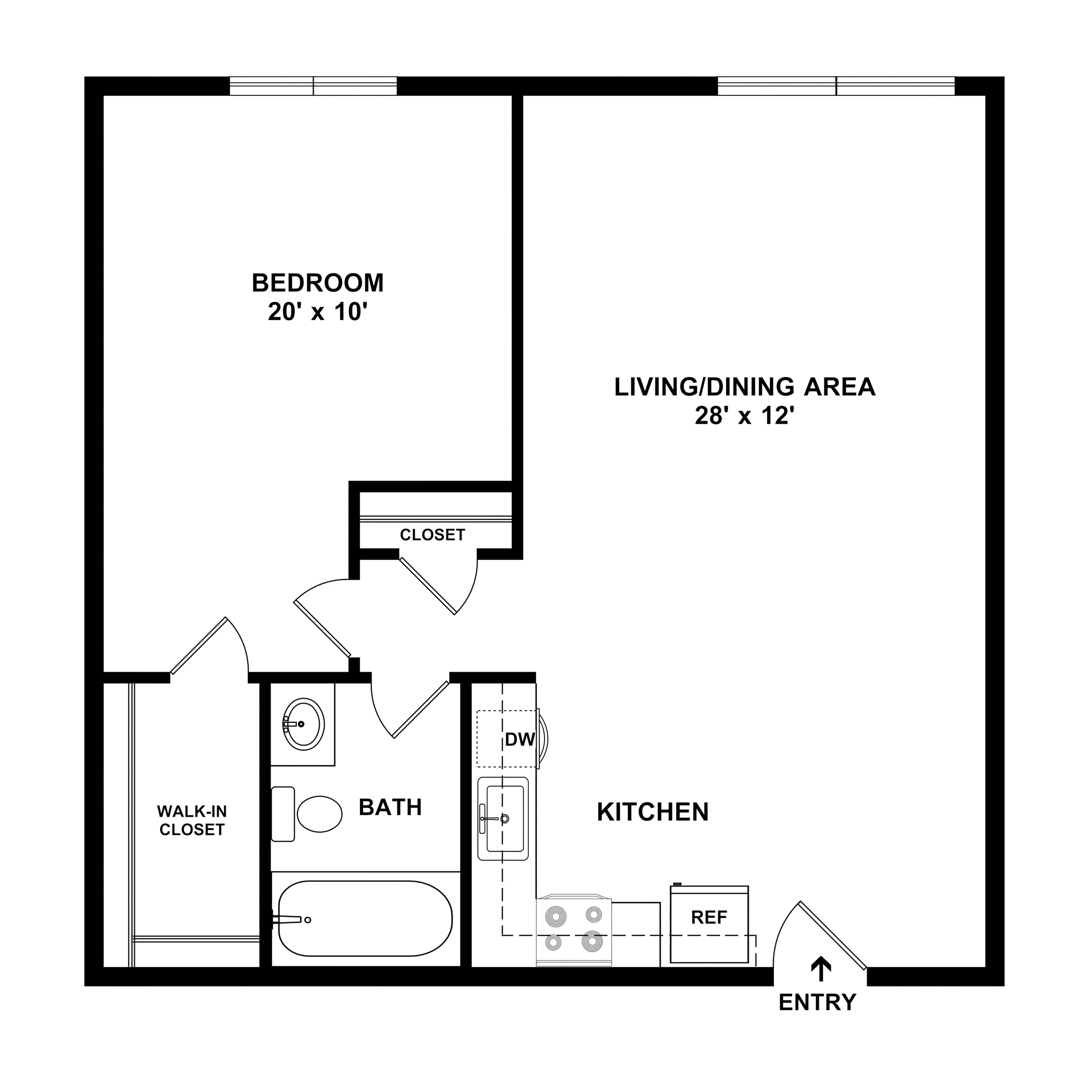 1D Walnut - Modern floor plan showcasing a spacious 1-bedroom apartment with a large living and dining area, elegant kitchen, and luxurious walk-in closet.