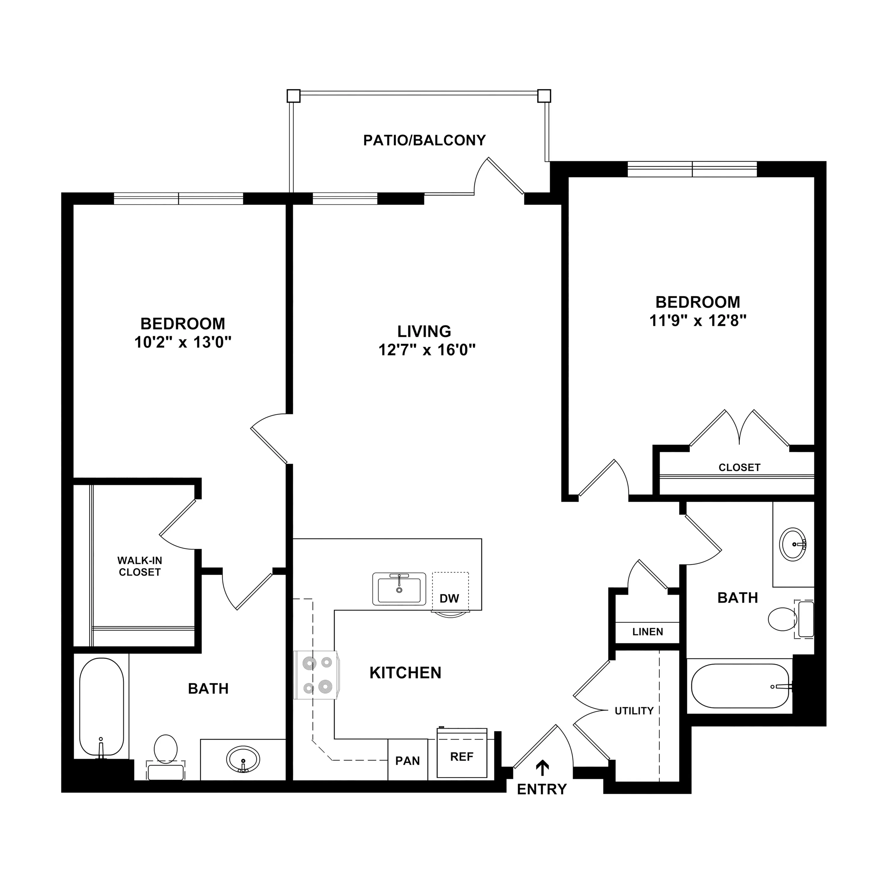 2A Bluegrass - Elegant floor plan showcasing two spacious bedrooms, large living area, modern kitchen, and inviting patio balcony.