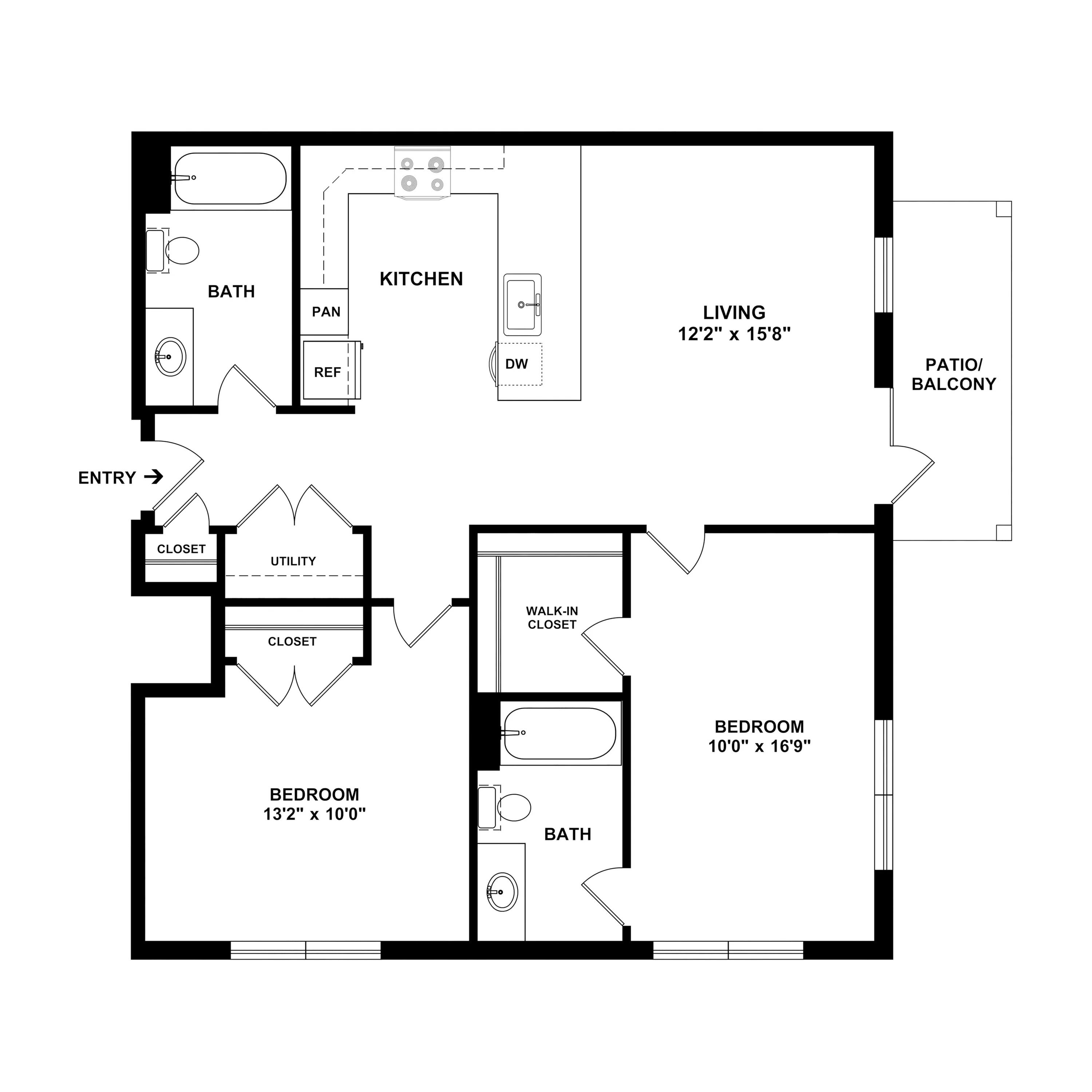 2B Ironwood - Modern floor plan showcasing two bedrooms, spacious living area, kitchen with pantry, and a convenient patio balcony access.