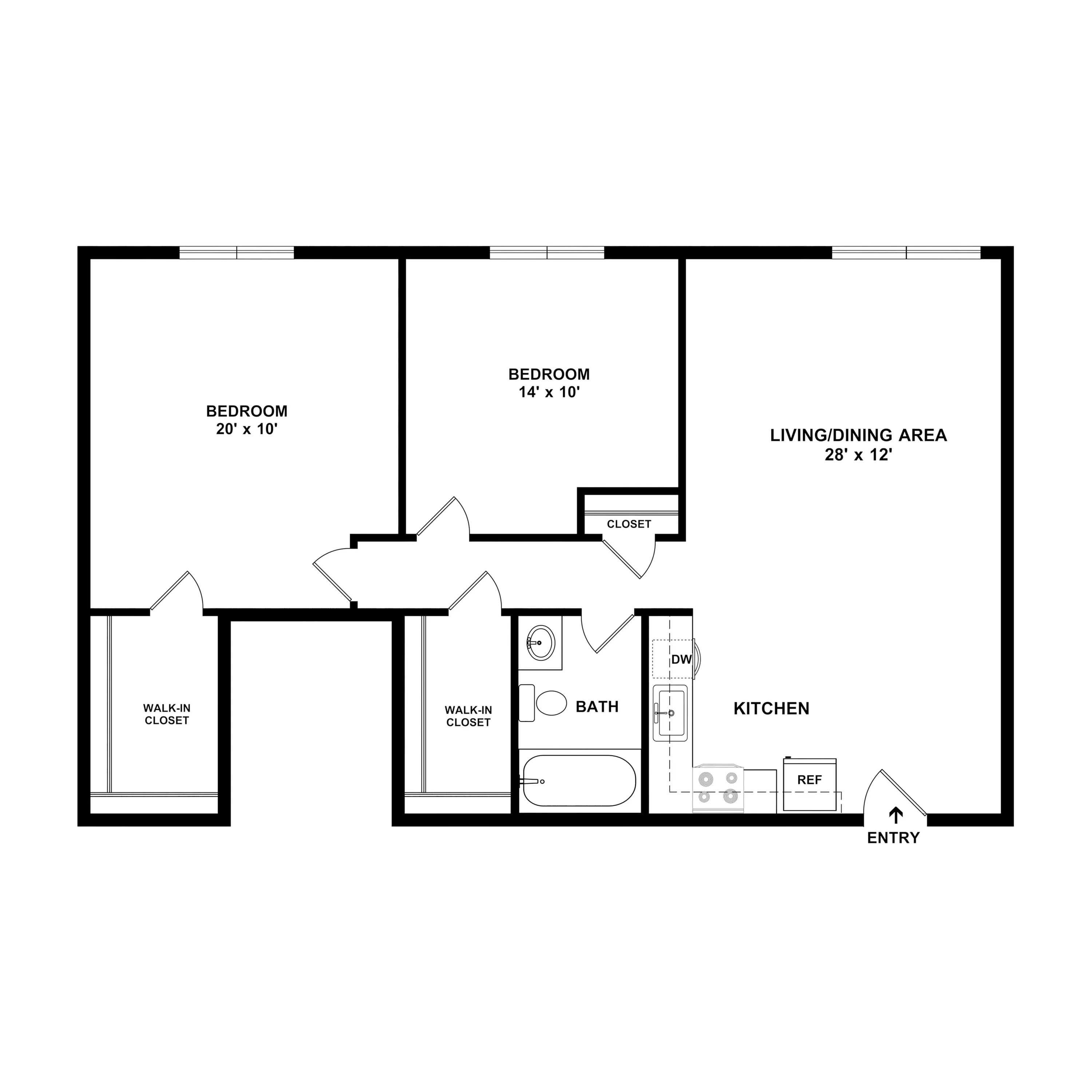 2D Fieldstone - Modern floor plan layout featuring two spacious bedrooms with walk-in closets, a large living and dining area, efficient kitchen, and a well-appointed bathroom.