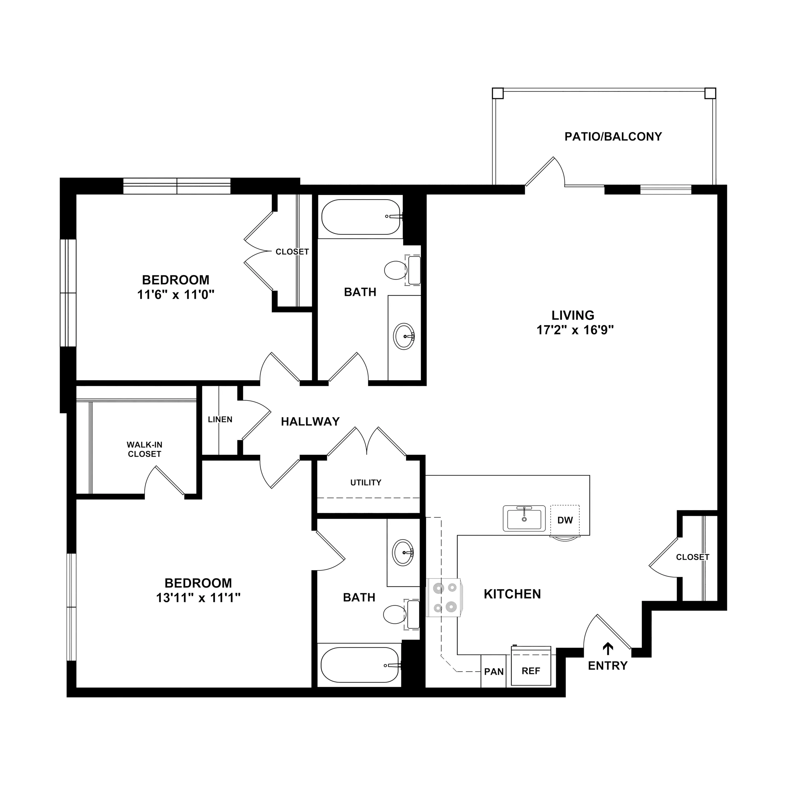 2C Crosswind - Modern floor plan showcasing a spacious 2-bedroom, 2-bath layout with an open-concept living area, stylish kitchen, and inviting patio/balcony.