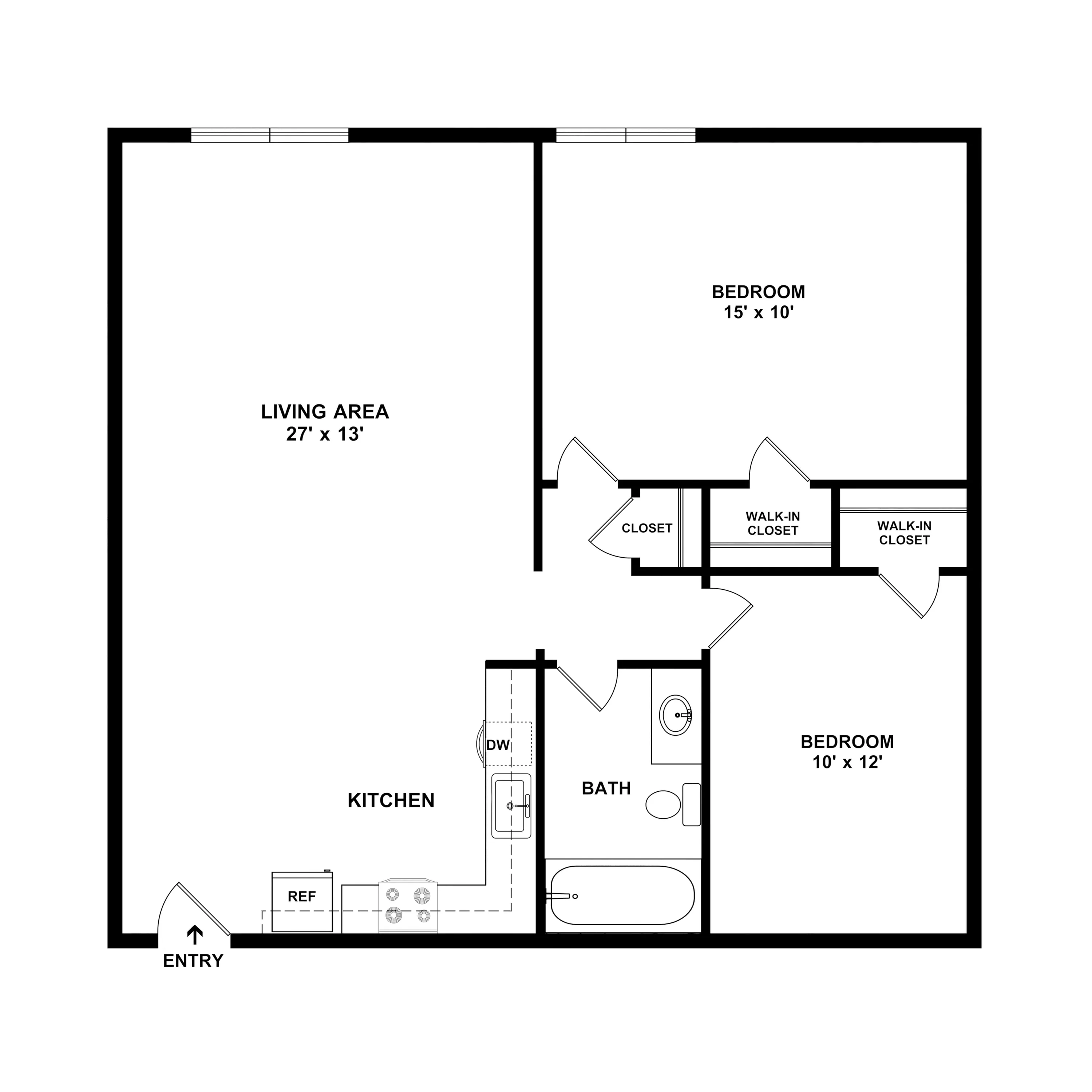 2E Limestone - Contemporary 2D floor plan featuring 2 bedrooms with walk-in closets, an airy living area, modern kitchen, and a cozy bath.