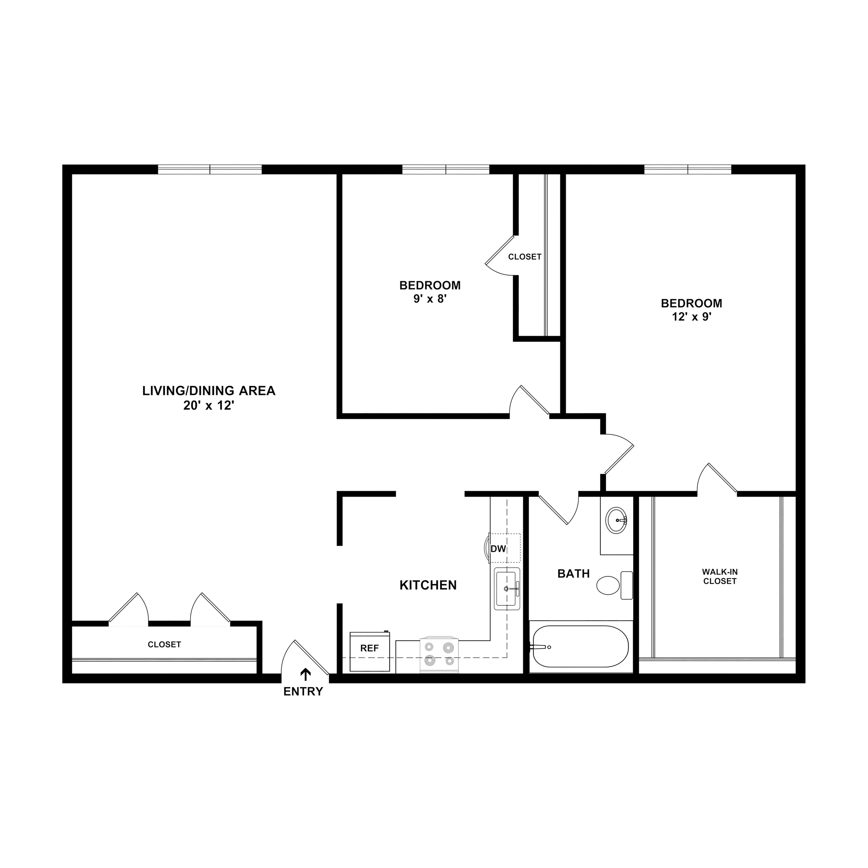 2F Ridge - Modern 2D apartment floor plan showcasing 2 bedrooms, a spacious living and dining area, functional kitchen, and convenient walk-in closet.