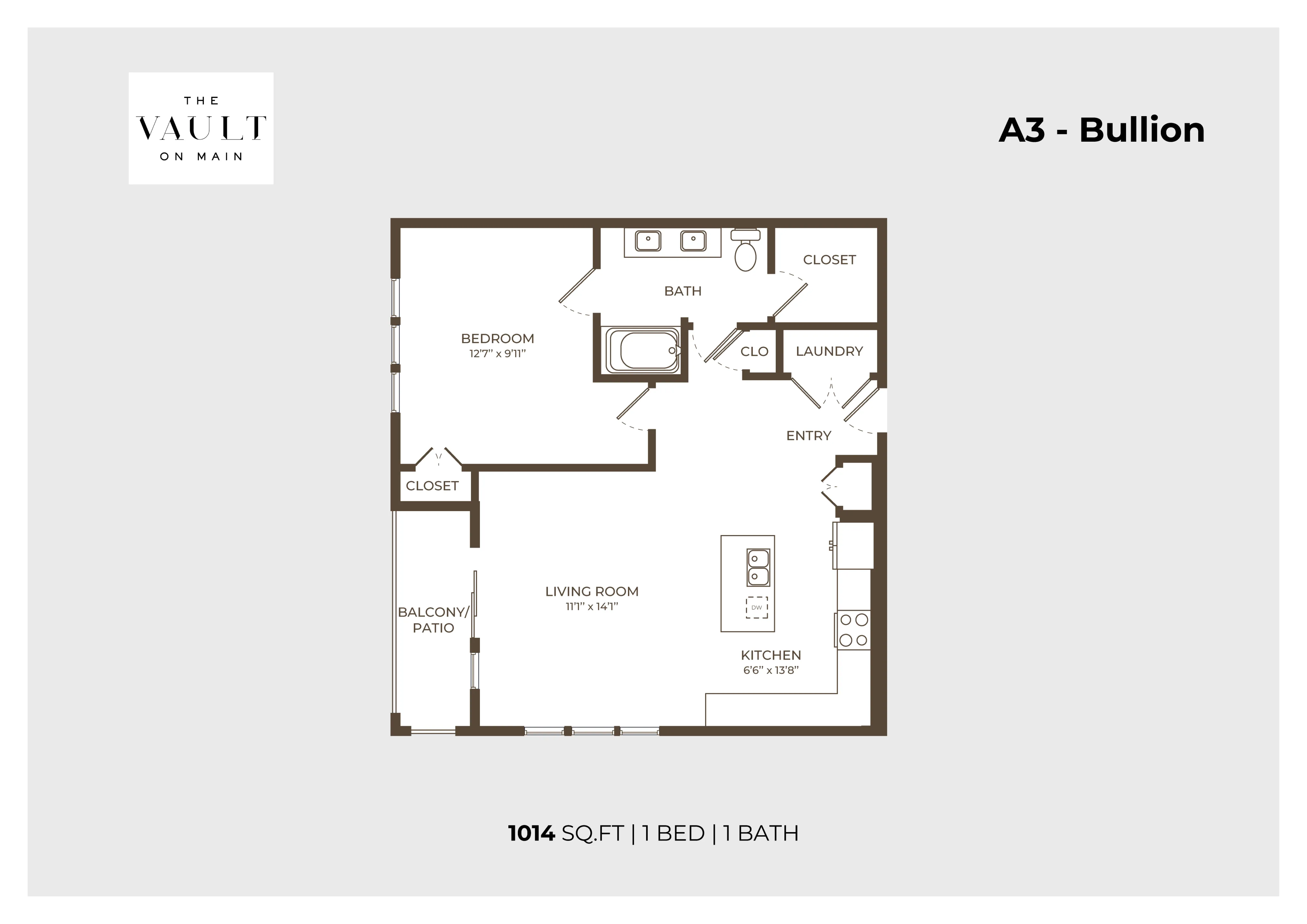 Vault on Main A3 Bullion floor plan, 1014 sq ft, featuring 1 bedroom, 1 bath, modern kitchen, spacious living room, and balcony patio.