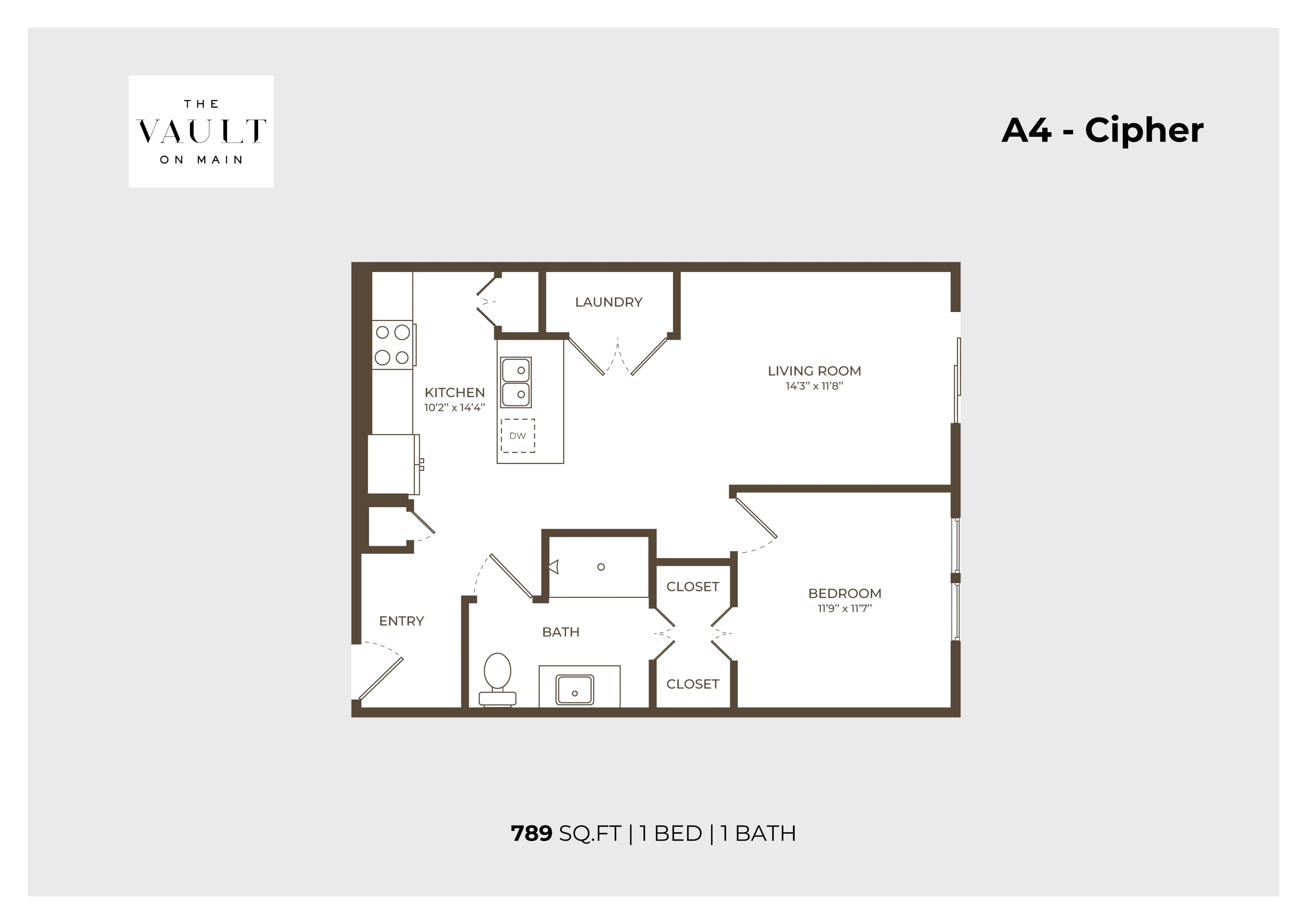 Modern floor plan for The Vault on Main, A4 - Cipher layout featuring 789 sq.ft with an open living room, kitchen, 1 bedroom, and 1 bath. Includes convenient laundry and ample closets.