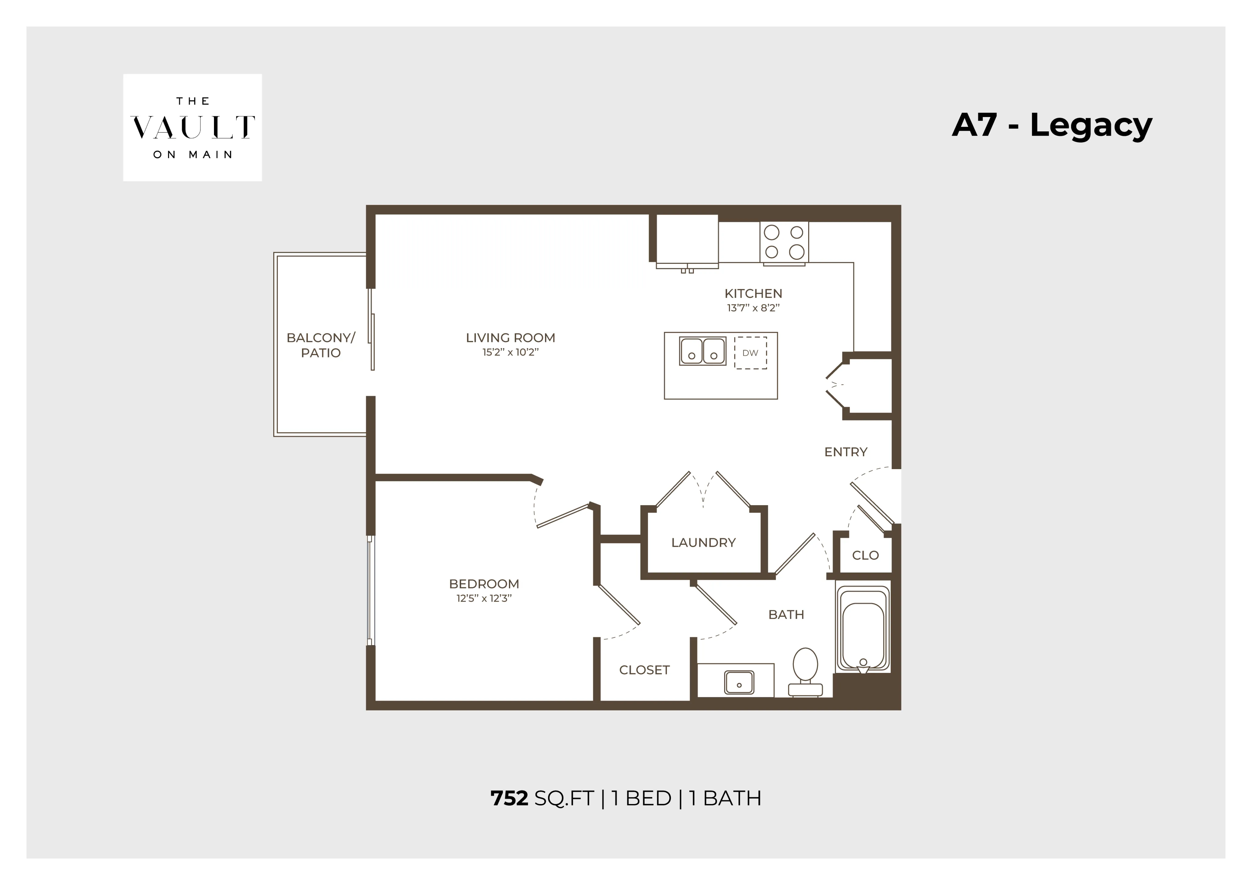 The Vault on Main A7 - Legacy floor plan displaying 752 sq ft with 1 bedroom, 1 bathroom, a living room, modern kitchen, laundry area, and a cozy balcony.
