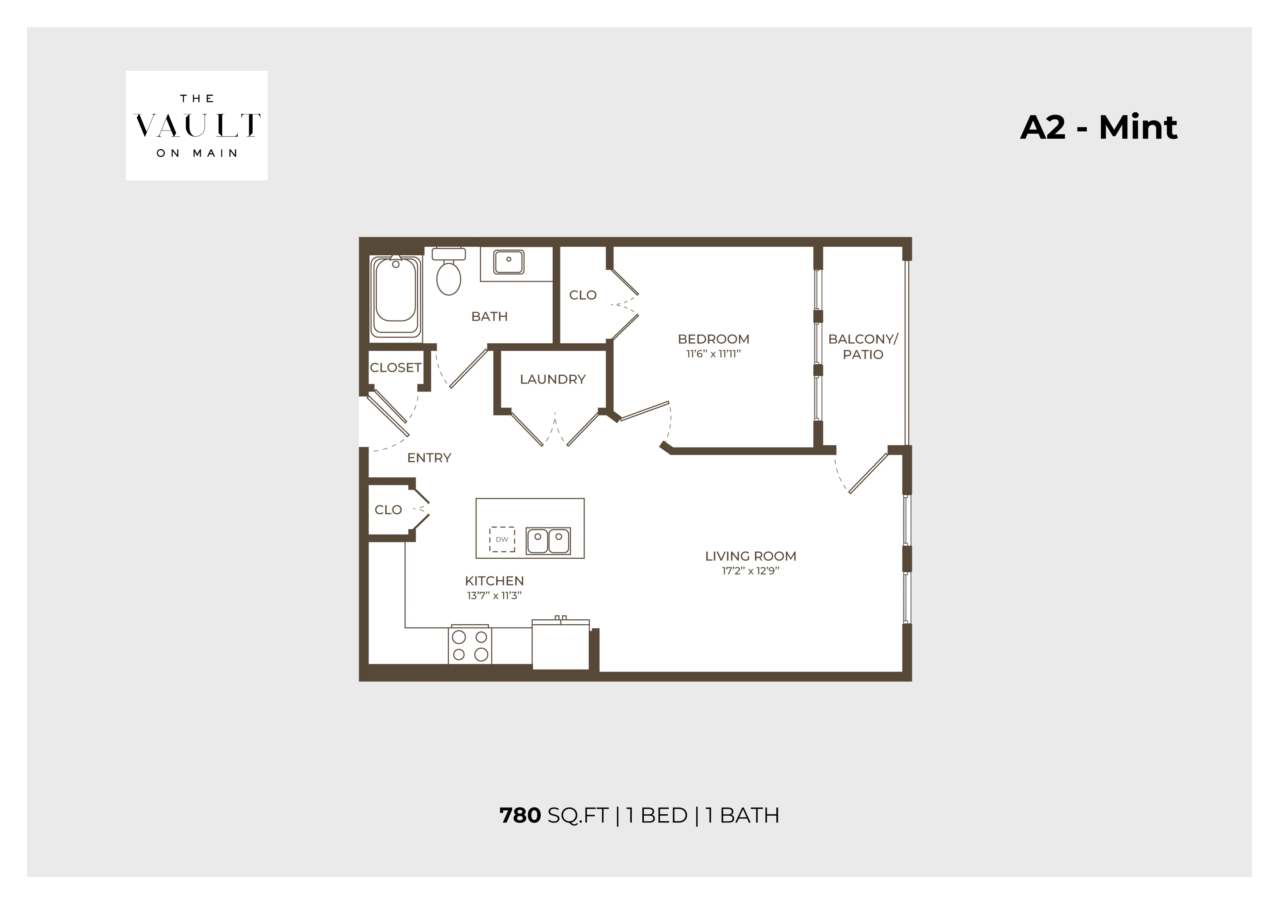 The Vault on Main A2 - Mint floor plan features a modern 1 bedroom, 1 bath layout with a spacious living room, kitchen with island, and balcony/patio access, covering 780 sq. ft.