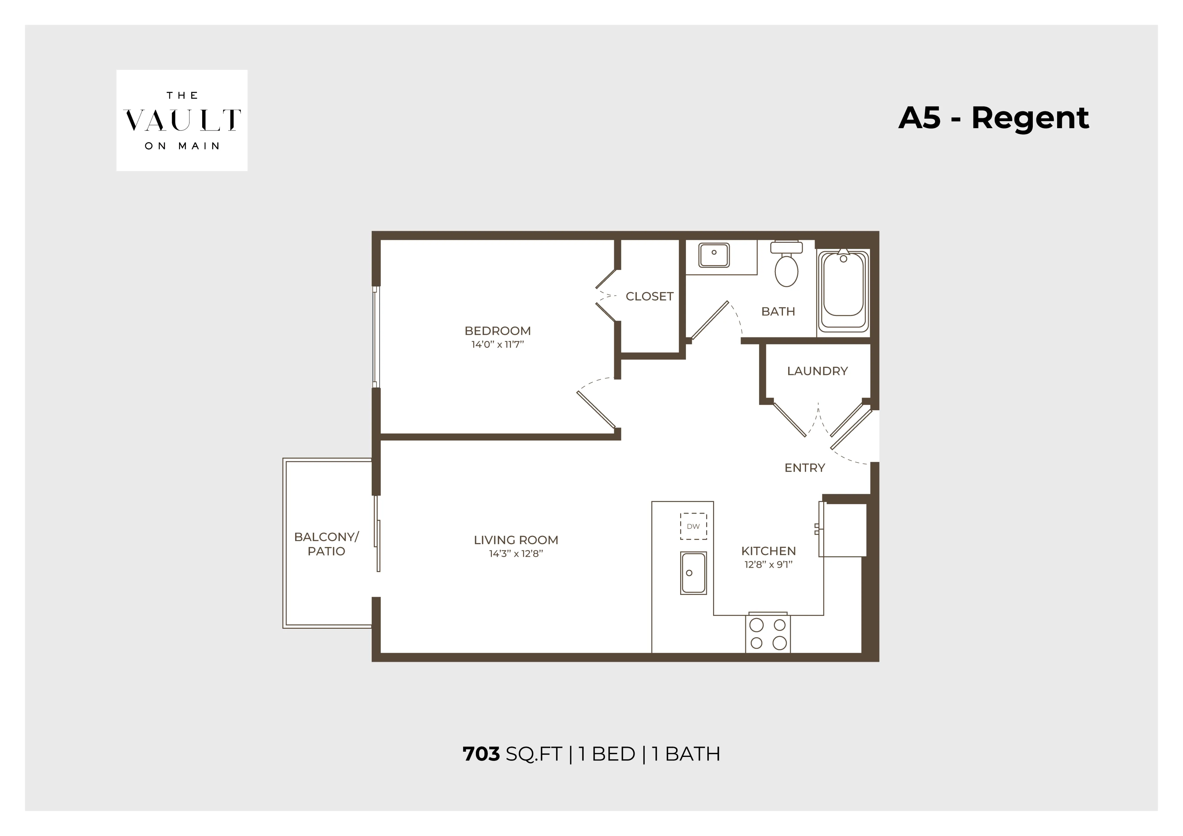 Modern A5 - Regent floor plan from The Vault on Main showcasing 703 sq. ft. with 1 bedroom, 1 bath, a spacious living room, balcony, and an open kitchen layout.