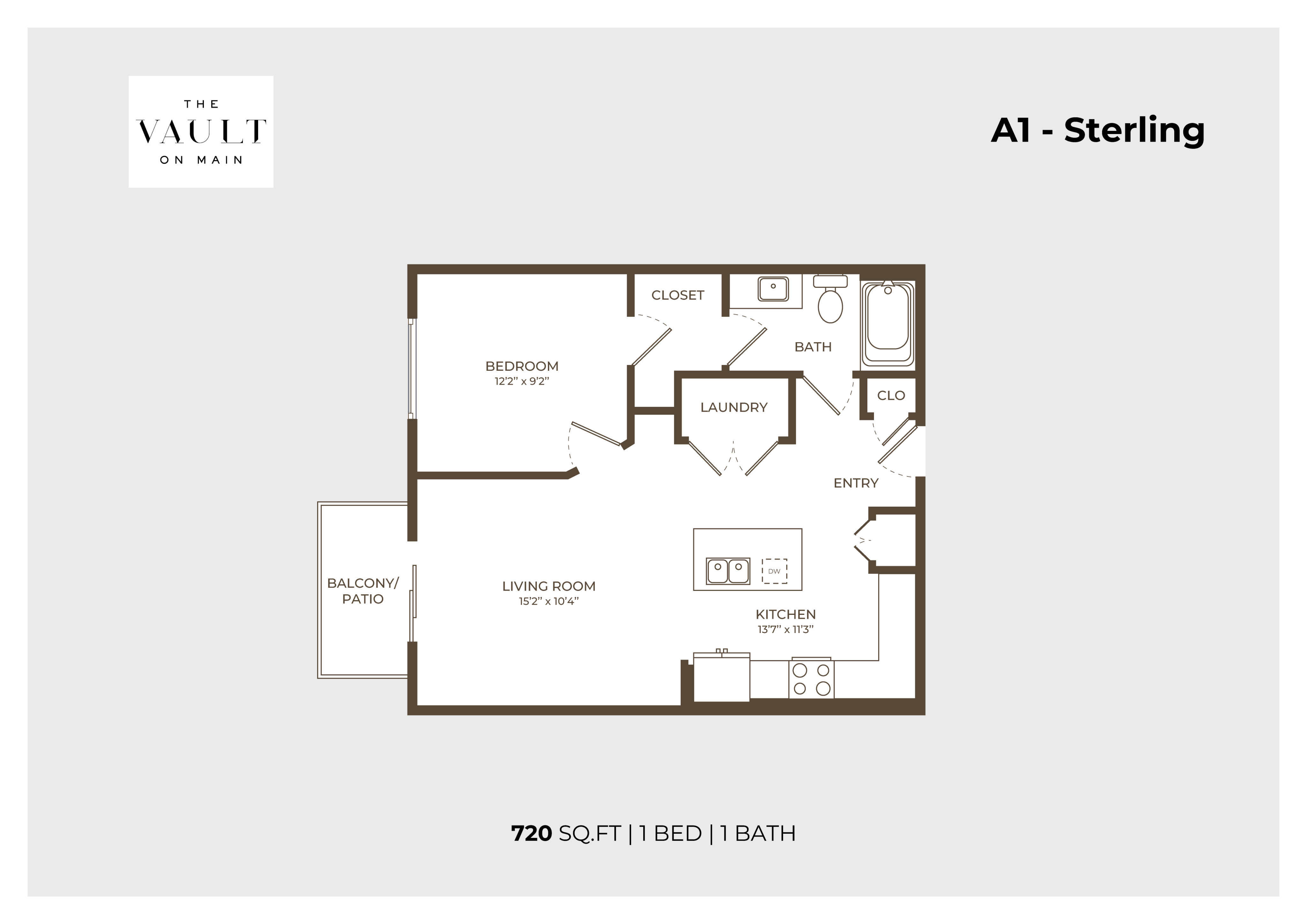 The Vault on Main floor plan, A1 Sterling, 720 sq ft featuring 1 bedroom, 1 bathroom, open-concept living area, modern kitchen, and private balcony.