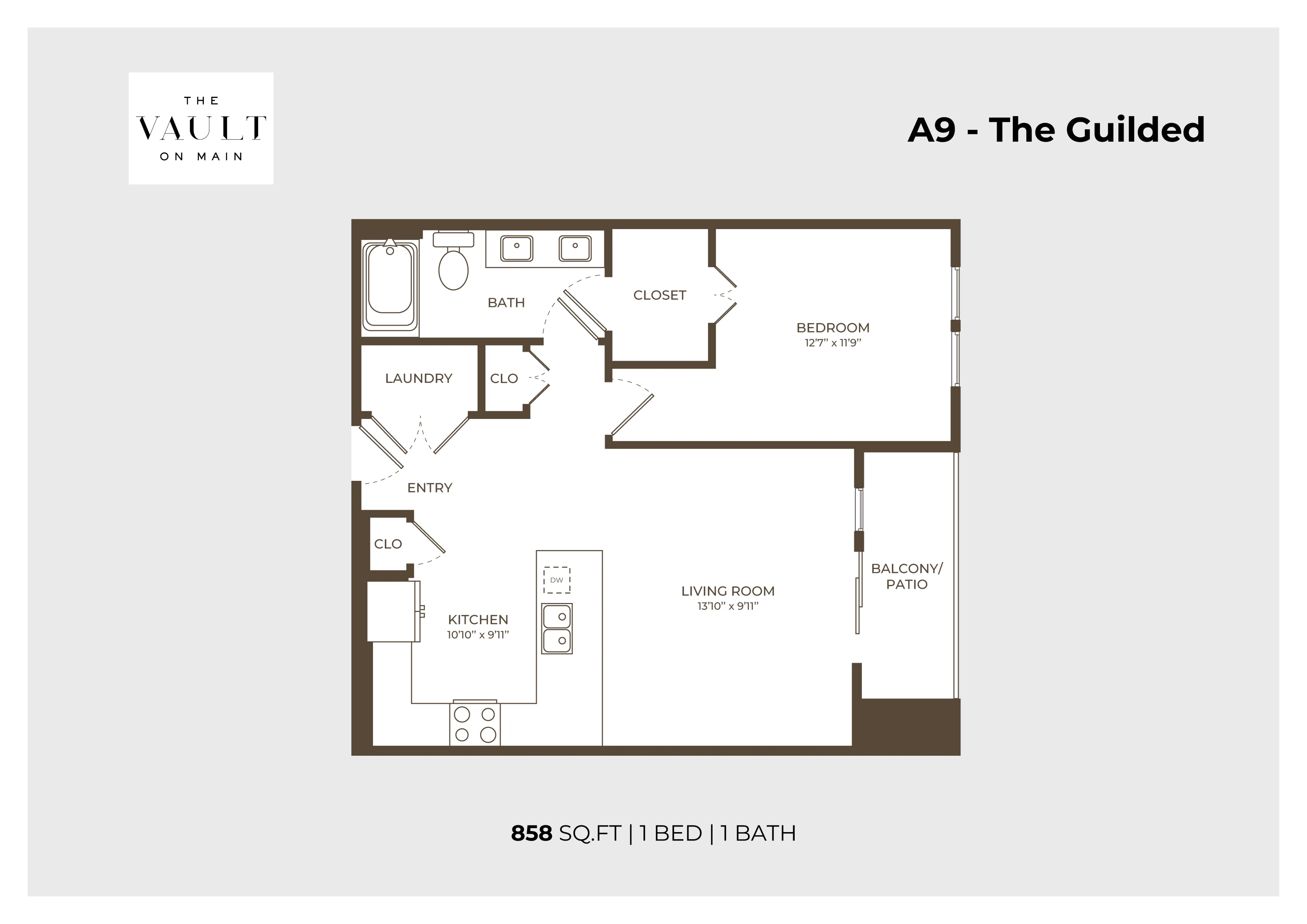 Chic A9 The Guilded floor plan at The Vault on Main, showcasing 1 spacious bedroom, modern kitchen, inviting living room, and a serene balcony/patio, all within 858 sq. ft.