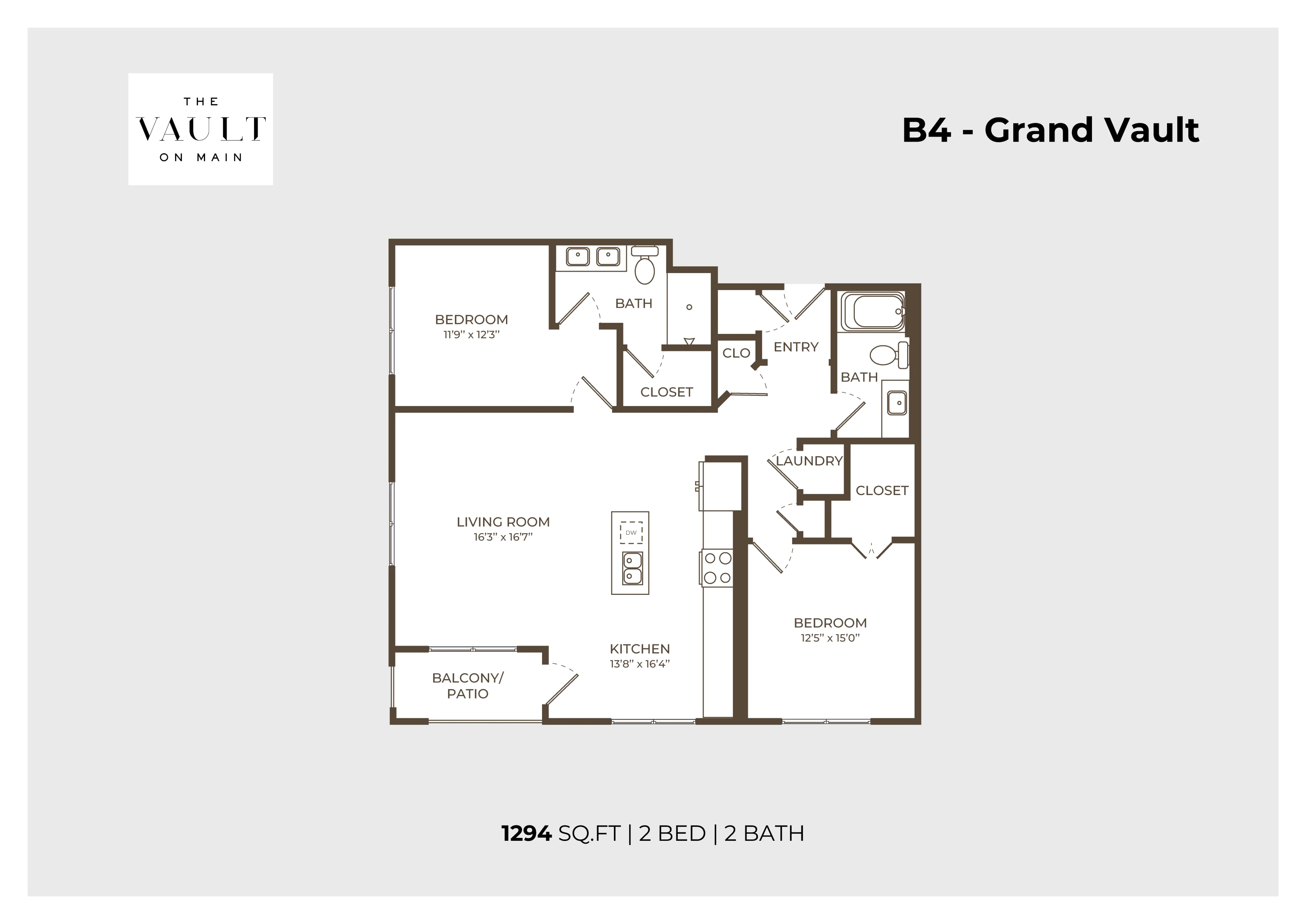 The Vault on Main's B4 - Grand Vault floor plan showcases a spacious 1294 sq. ft. layout with 2 bedrooms, 2 bathrooms, a large living room, and a modern kitchen, complete with a private balcony/patio.