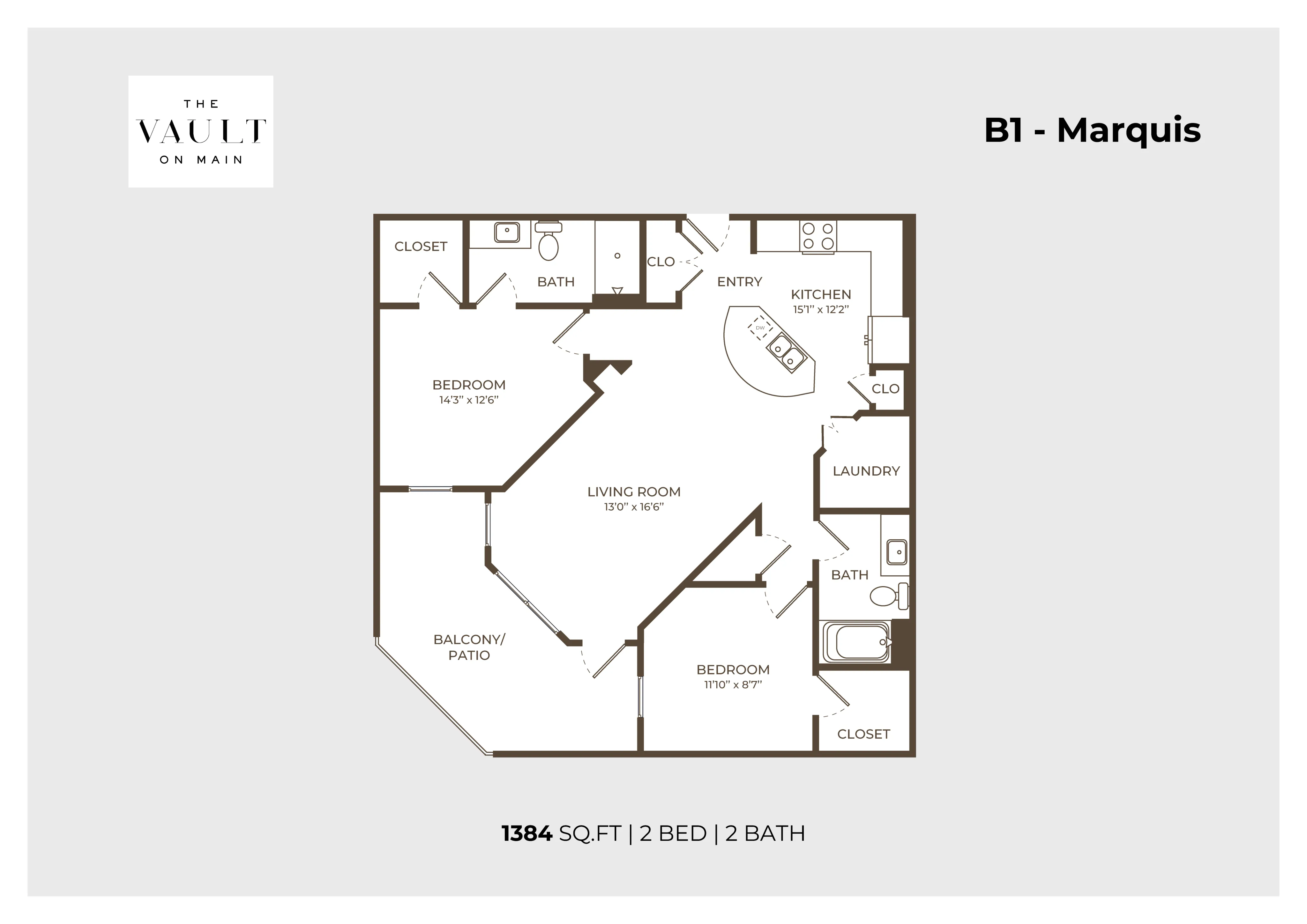Modern B1 Marquis floor plan featuring 1384 sq. ft., 2 spacious bedrooms, 2 elegant bathrooms, a sleek kitchen, cozy living room, and a charming balcony/patio area.