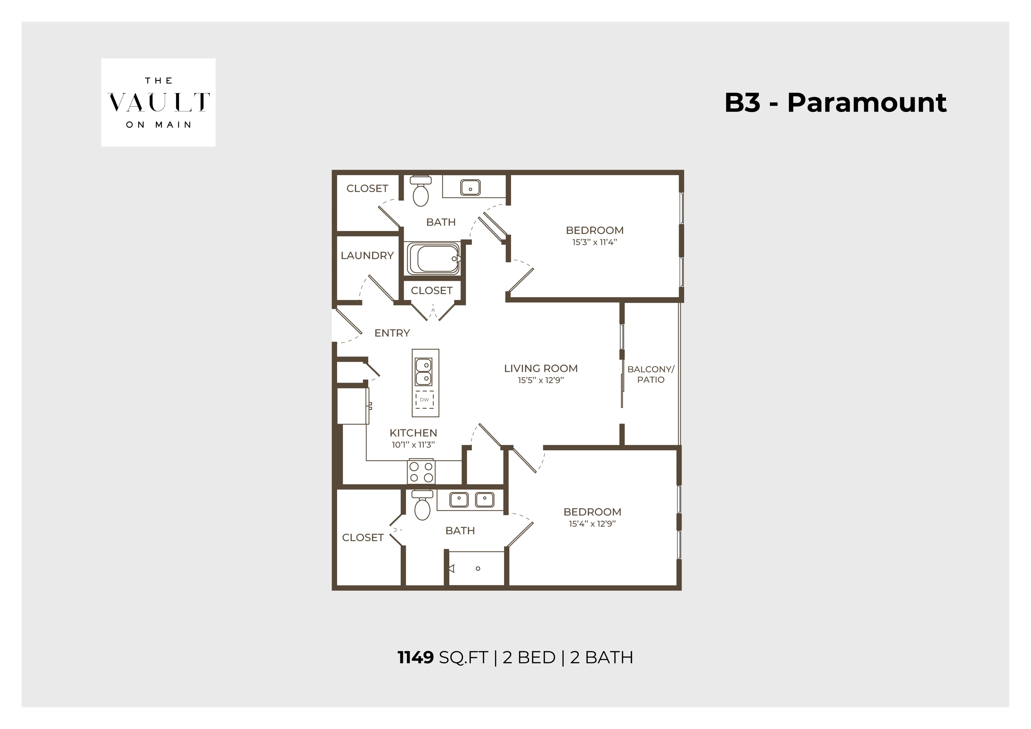 The Vault on Main's B3 Paramount floor plan showcasing a spacious 2 bed, 2 bath layout with a modern kitchen, laundry room, and a cozy living area leading to a balcony. 1149 sq ft of optimized living space.