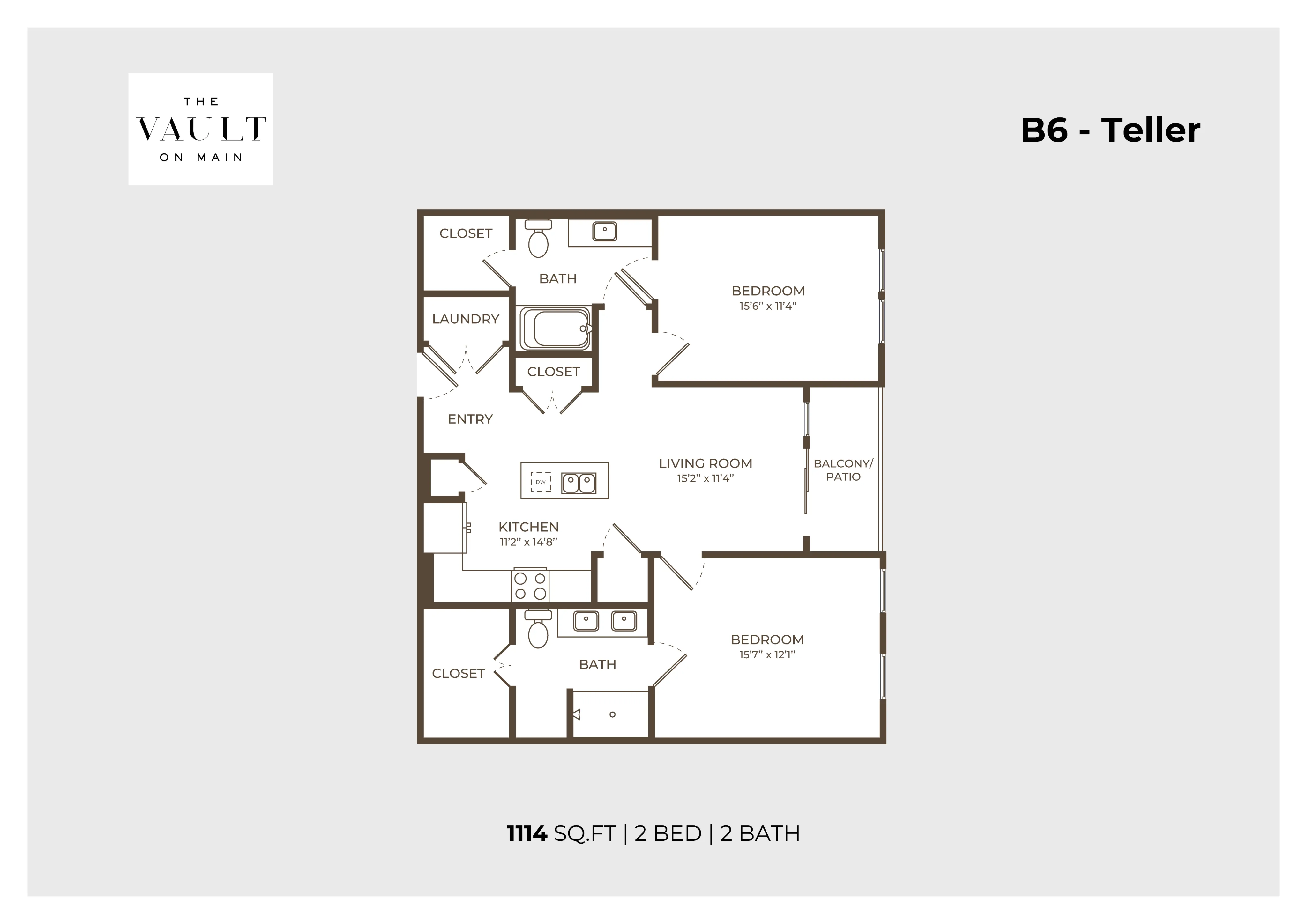 The Vault on Main B6 Teller floor plan with 1114 sq.ft featuring 2 spacious bedrooms, 2 modern baths, a well-equipped kitchen, cozy living room, and a relaxing balcony patio.