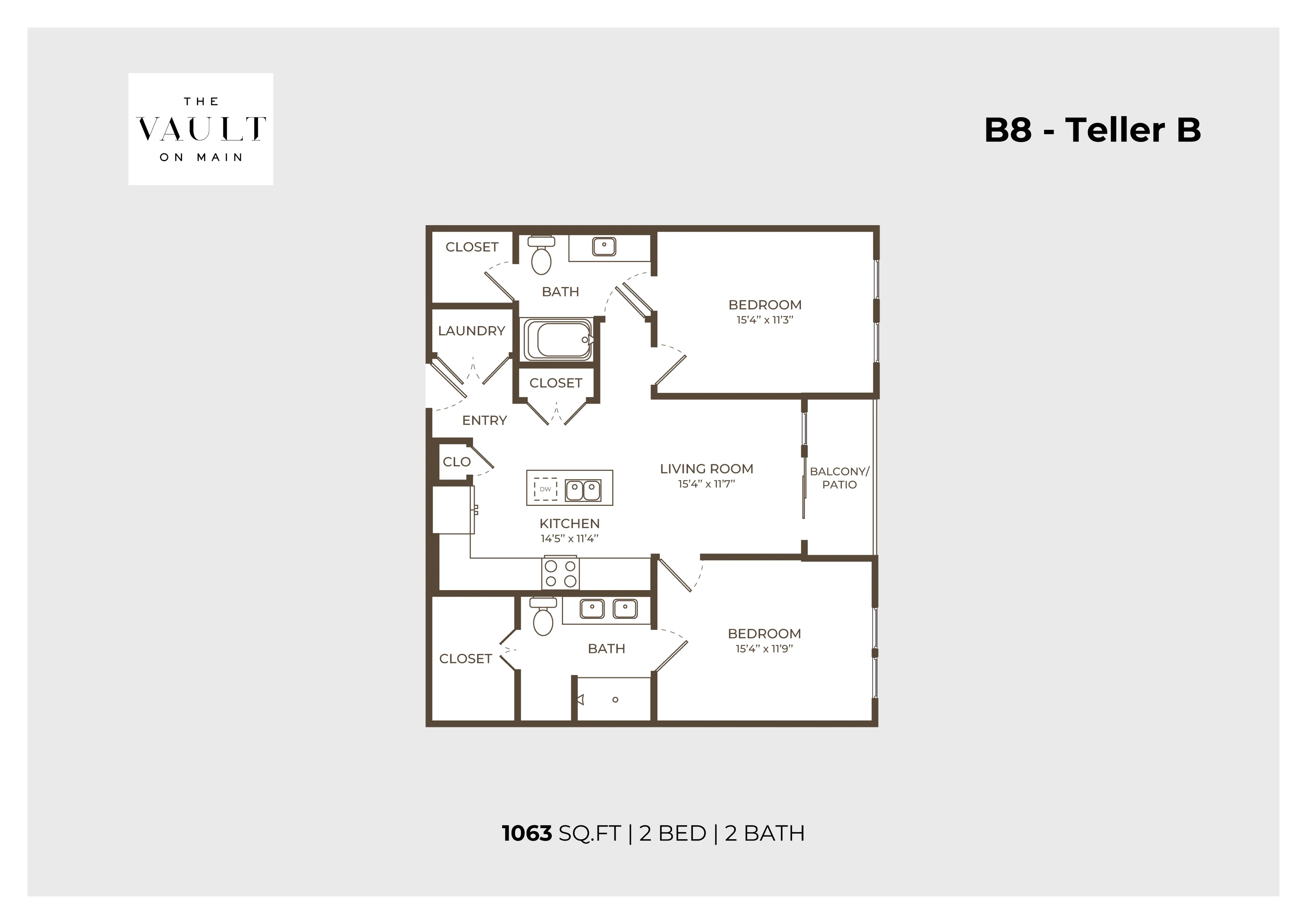 The Vault on Main floor plan for B8-Teller B, showcasing 1063 sq ft of elegant living space with 2 bedrooms, 2 bathrooms, a spacious living room, and a modern kitchen. Includes laundry and balcony/patio.