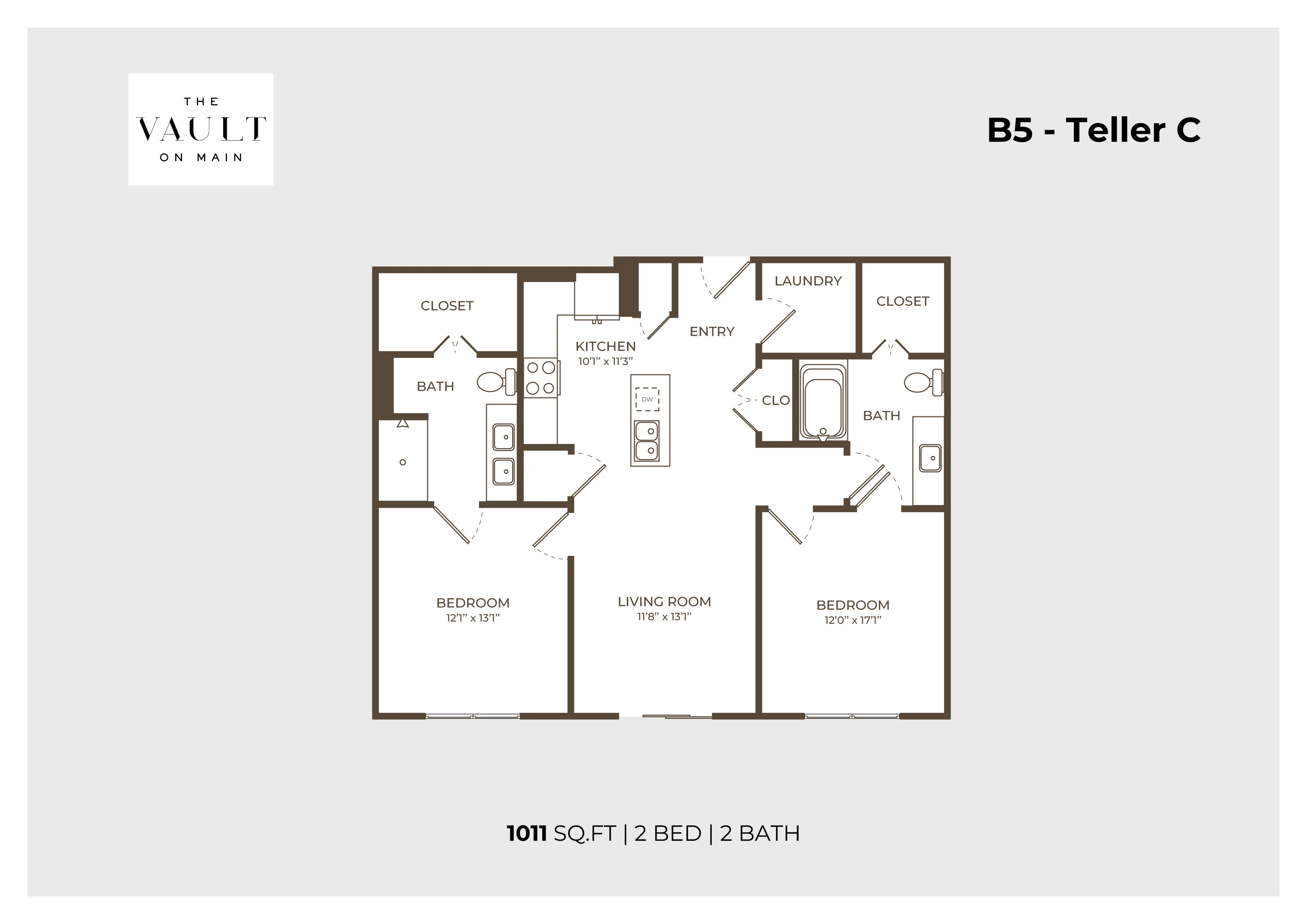 Chic floor plan of B5 - Teller C at The Vault on Main, featuring 1011 sq. ft. of modern living space with 2 bedrooms, 2 baths, a spacious living room, an open kitchen, and convenient laundry area.
