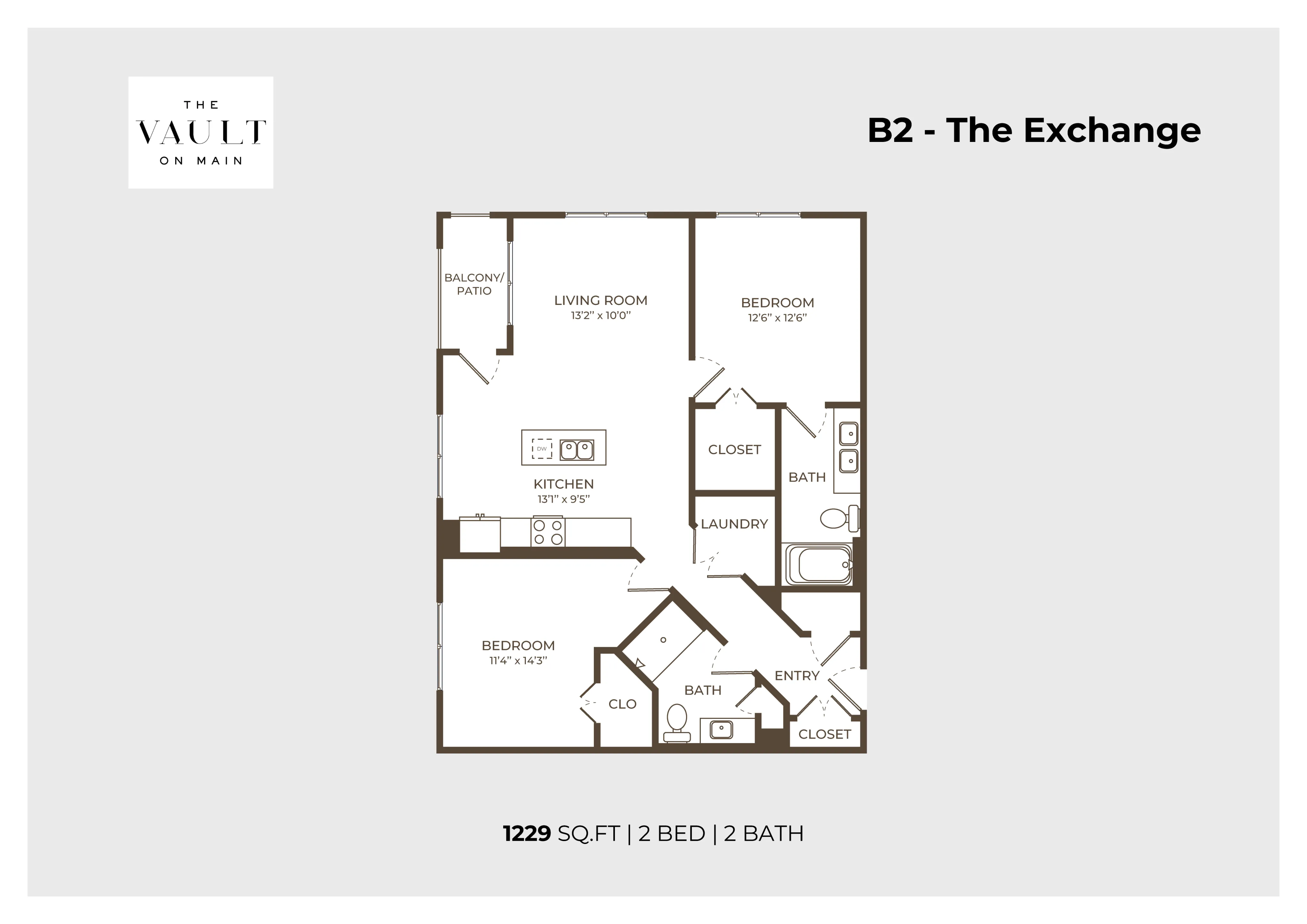 Sophisticated B2 floor plan at The Vault on Main showcasing 2 bedrooms, 2 baths, a spacious living room, and a modern kitchen with a balcony patio, totaling 1229 sq ft.