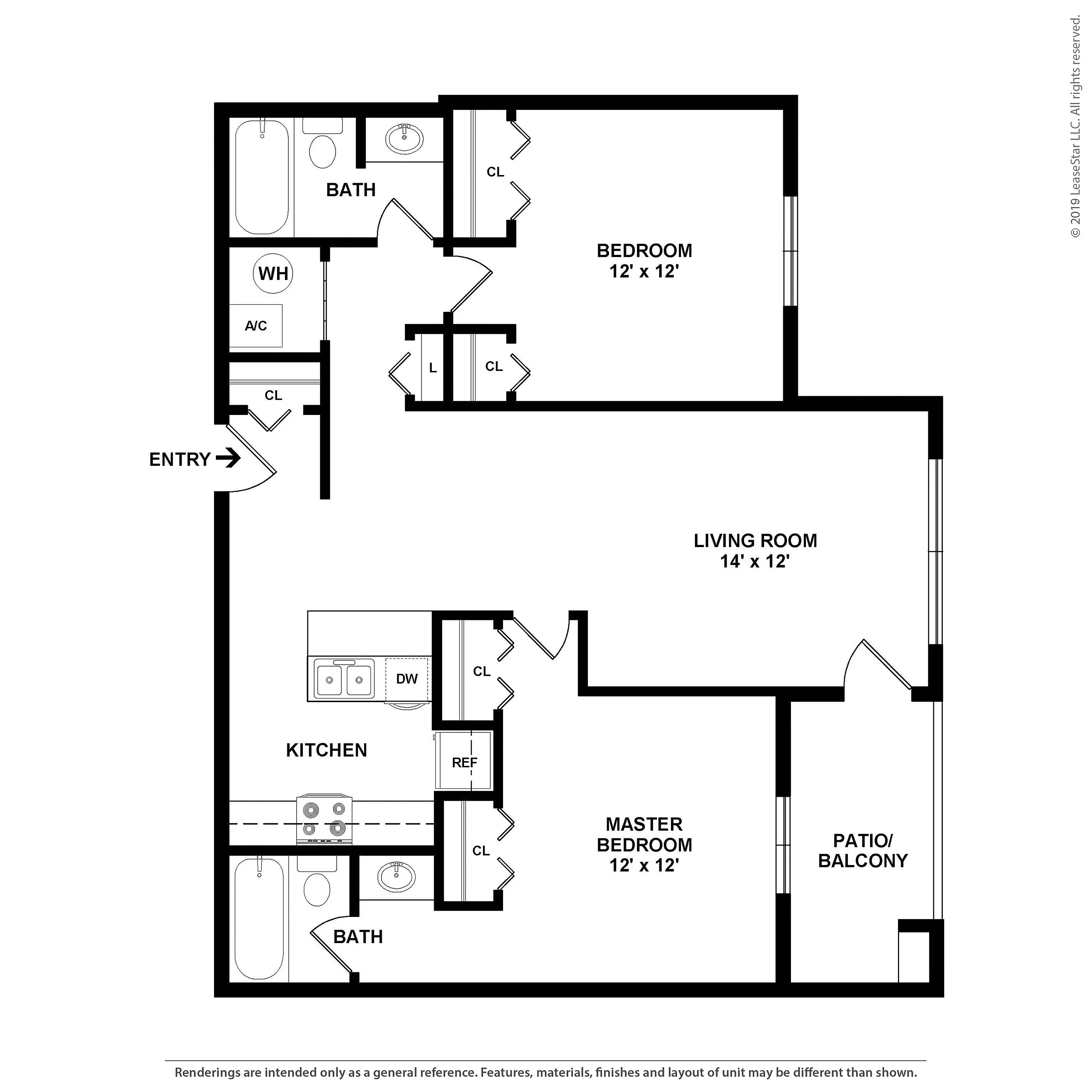 Modern floor plan showcasing 2 spacious bedrooms, an inviting living room, and a stylish kitchen with access to a private patio and balcony.