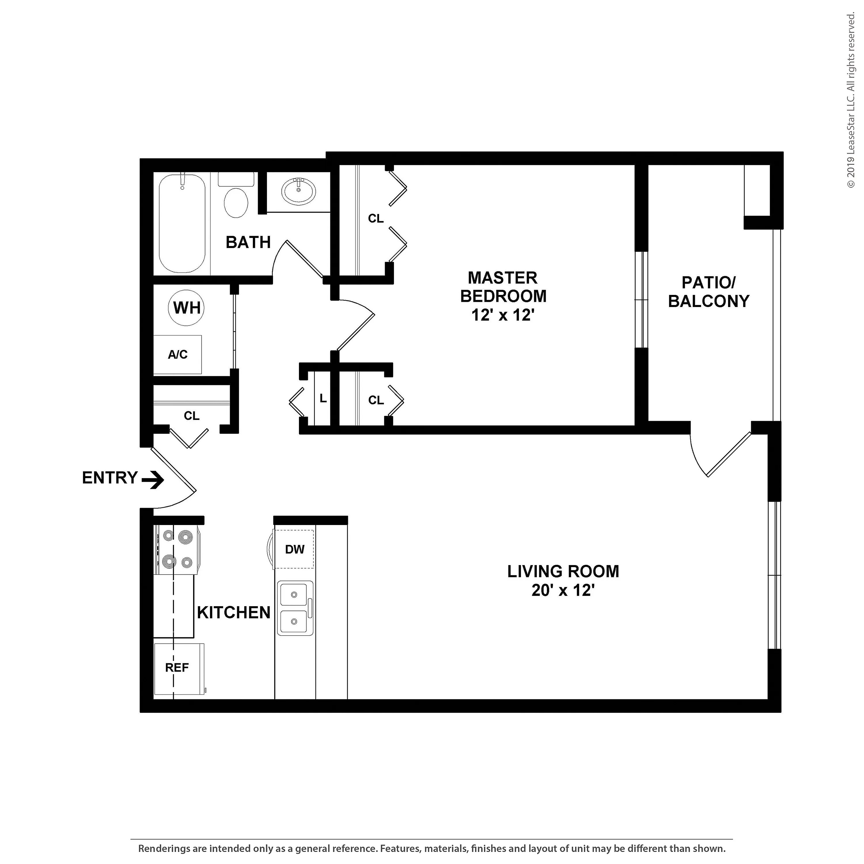 Contemporary floor plan showcasing a spacious 1-bedroom apartment with a large living room, modern kitchen, and private patio/balcony.