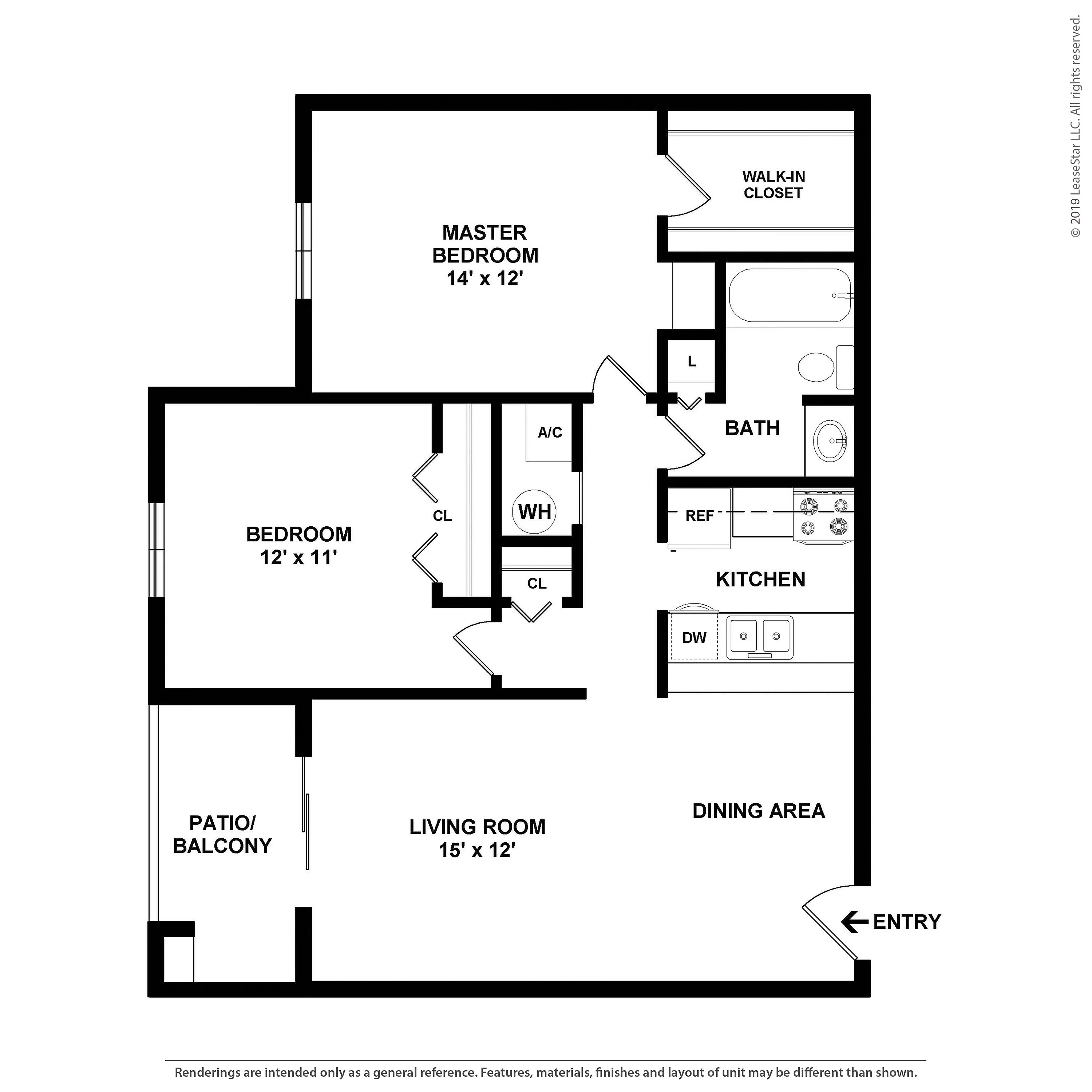 Spacious 2D floor plan featuring a master bedroom with walk-in closet, second bedroom, open living room, and kitchen with dining area. Includes a patio/balcony for outdoor enjoyment.