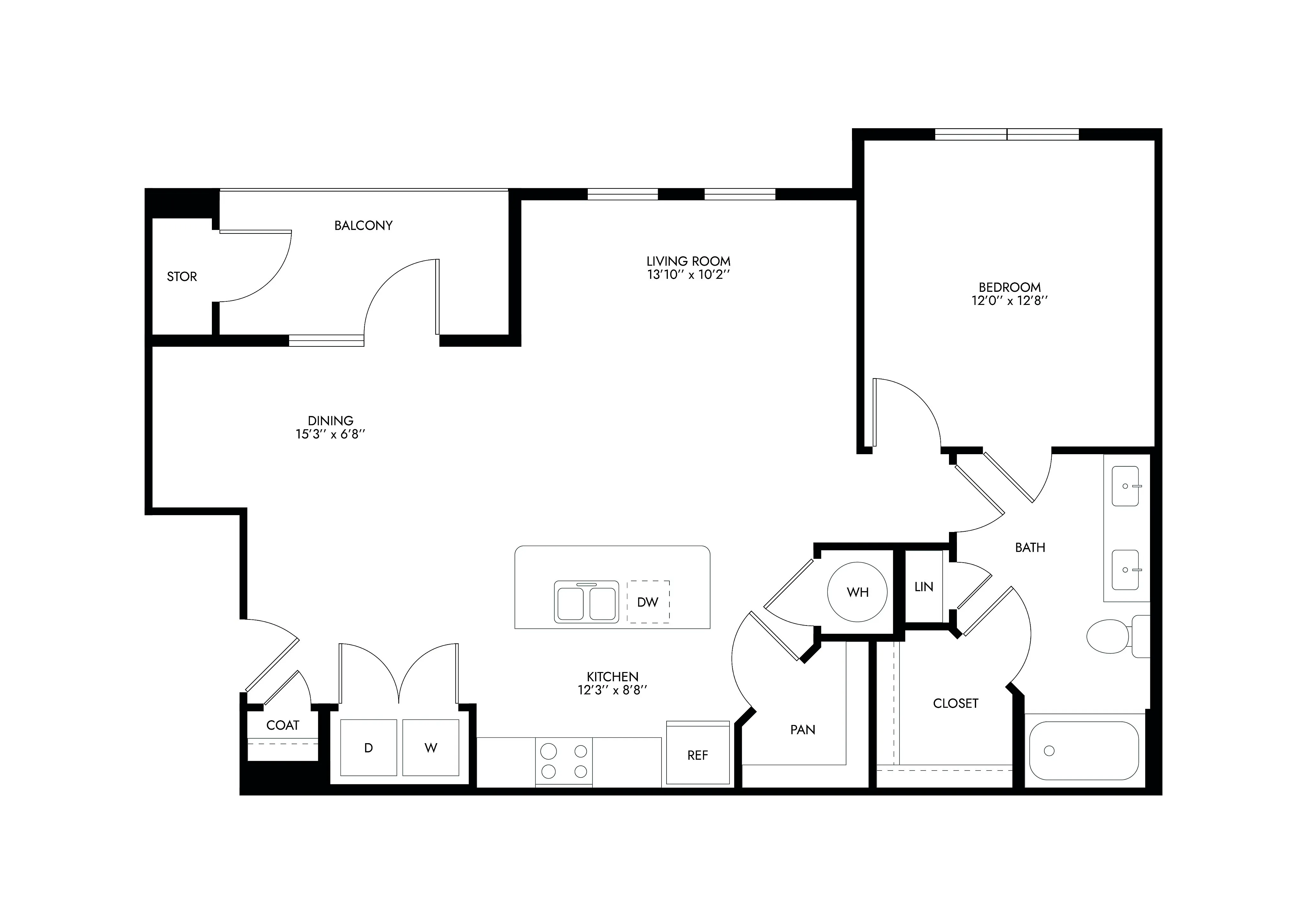 Modern apartment floor plan with one bedroom, spacious living room, open kitchen, dining area, and balcony.