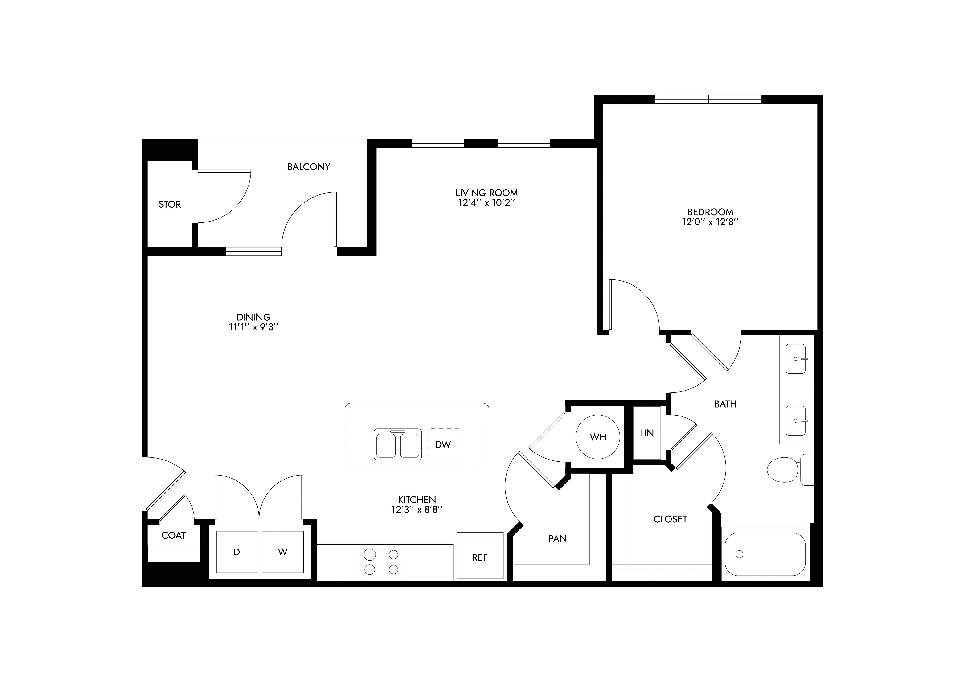 Modern apartment floor plan featuring a spacious living room, one bedroom, a well-equipped kitchen, dining area, bathroom, and balcony with storage.