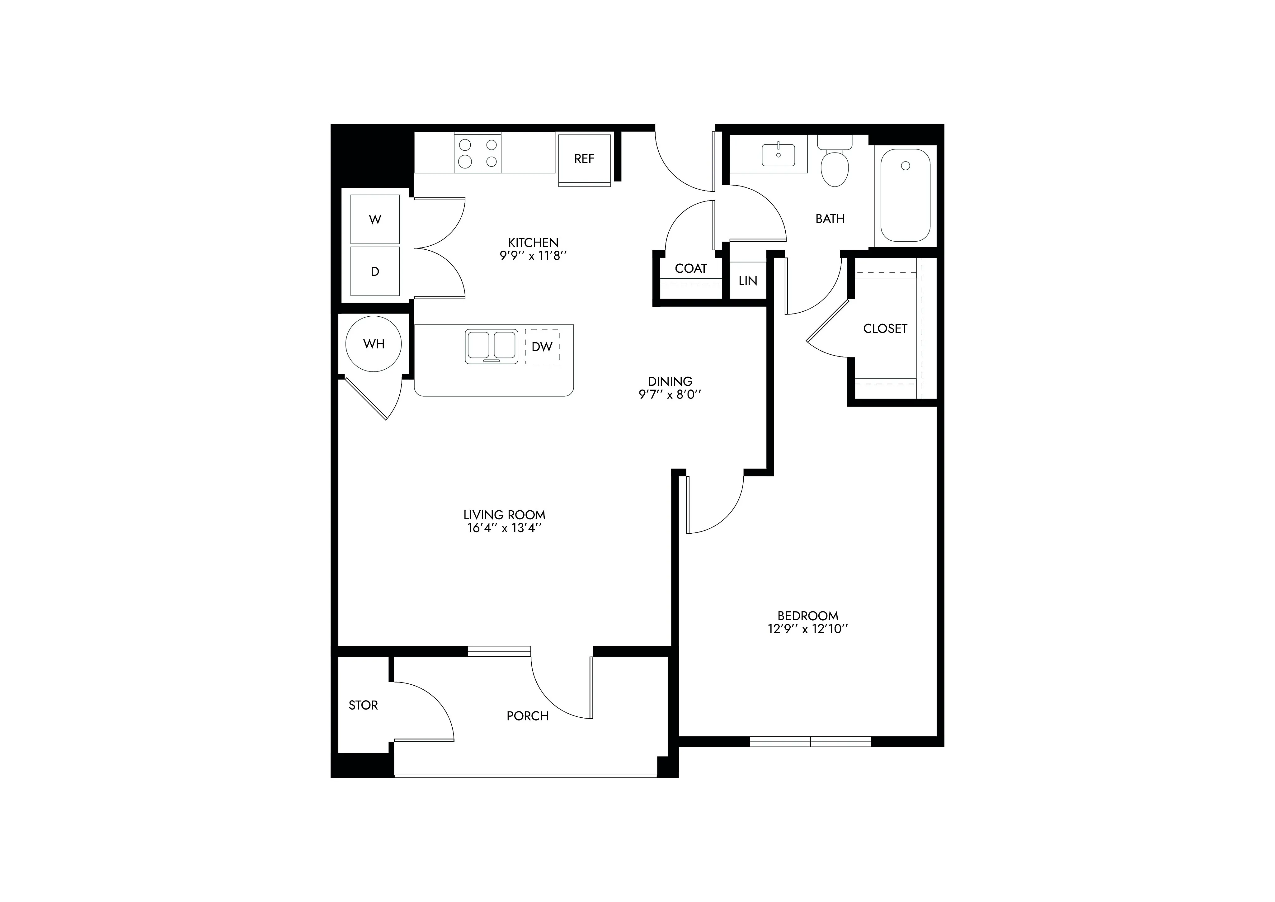 Modern floor plan showcasing an open-concept living and dining area, stylish kitchen with appliances, one bedroom, and elegant bathroom. Ideal for contemporary living.