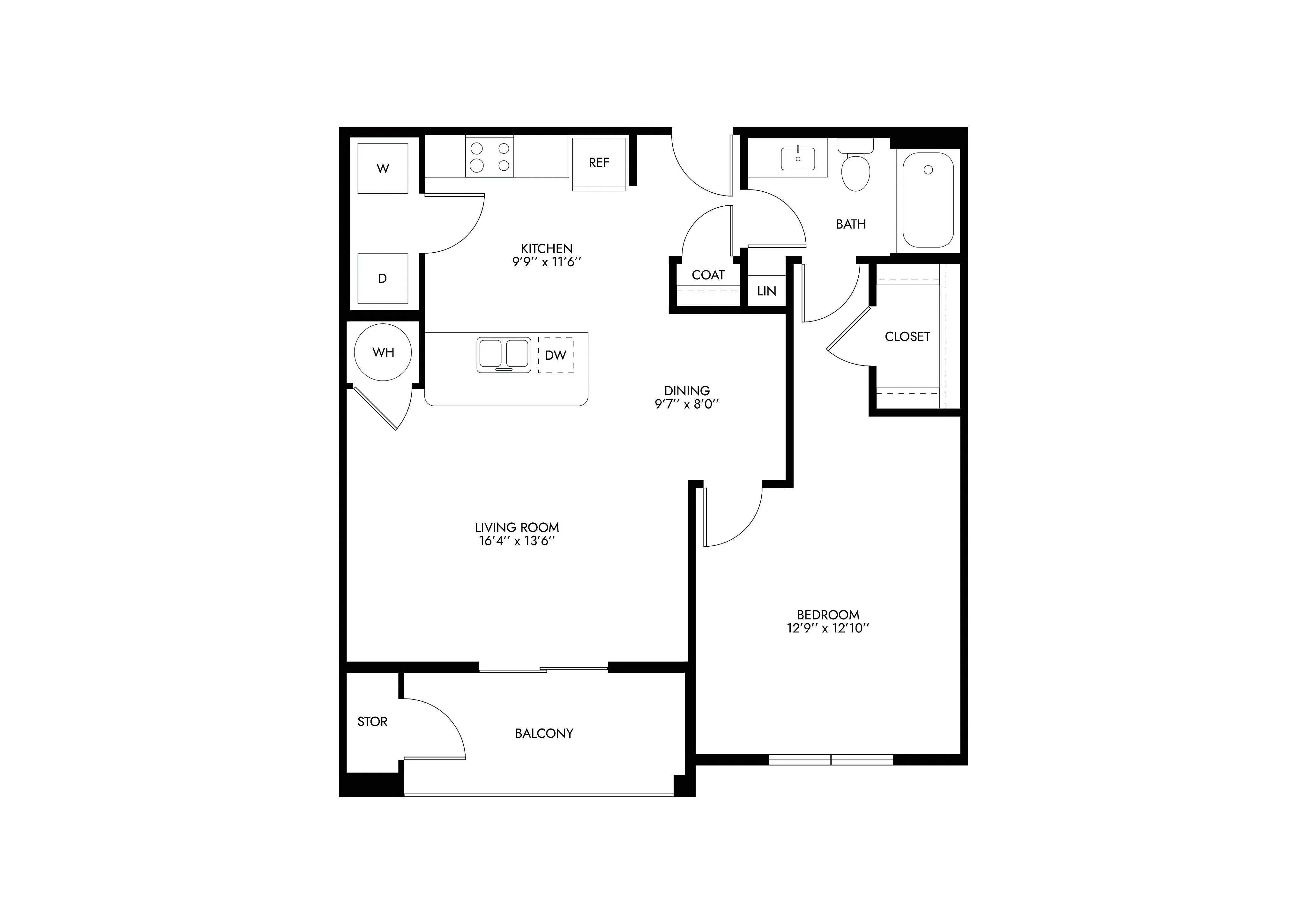 Chic floor plan showcasing 1 bedroom, modern kitchen, inviting living room, and a private balcony.