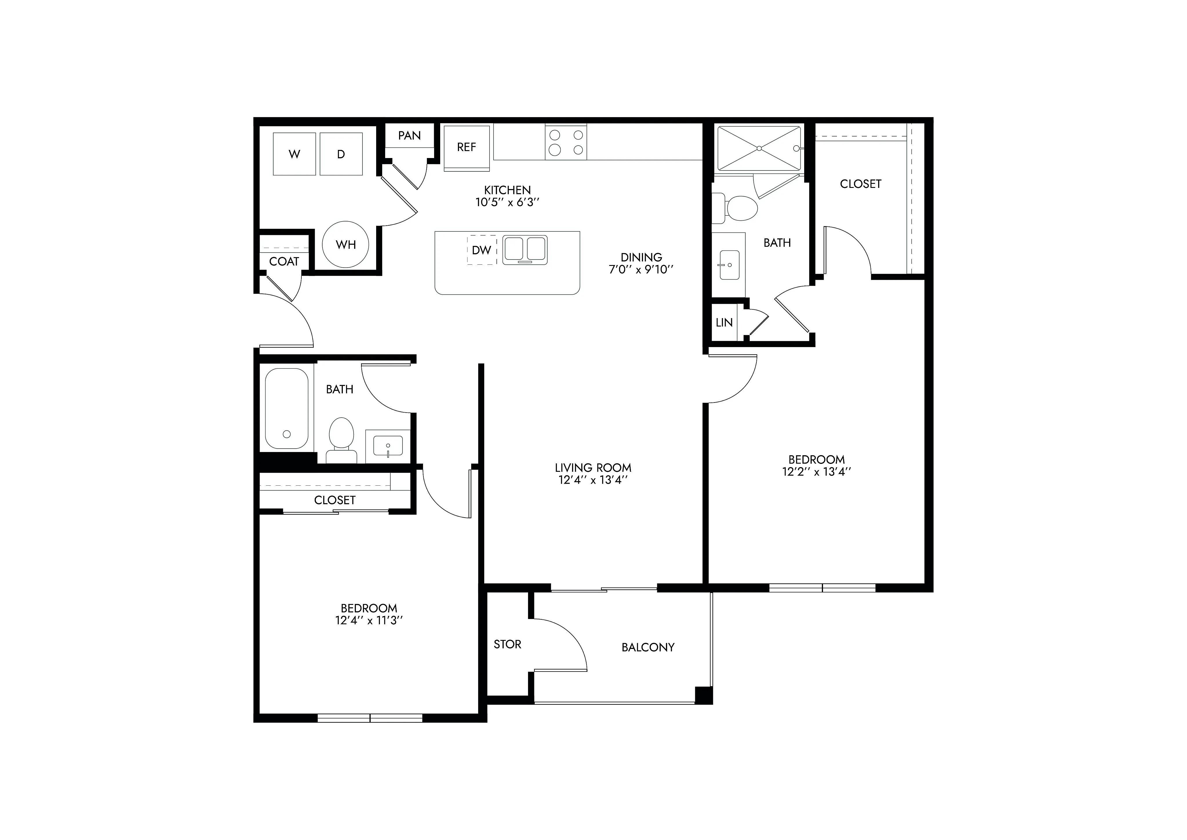 Modern 2D floor plan showcasing 2 spacious bedrooms, a central living room, sleek kitchen, and a cozy balcony, perfect for stylish living.