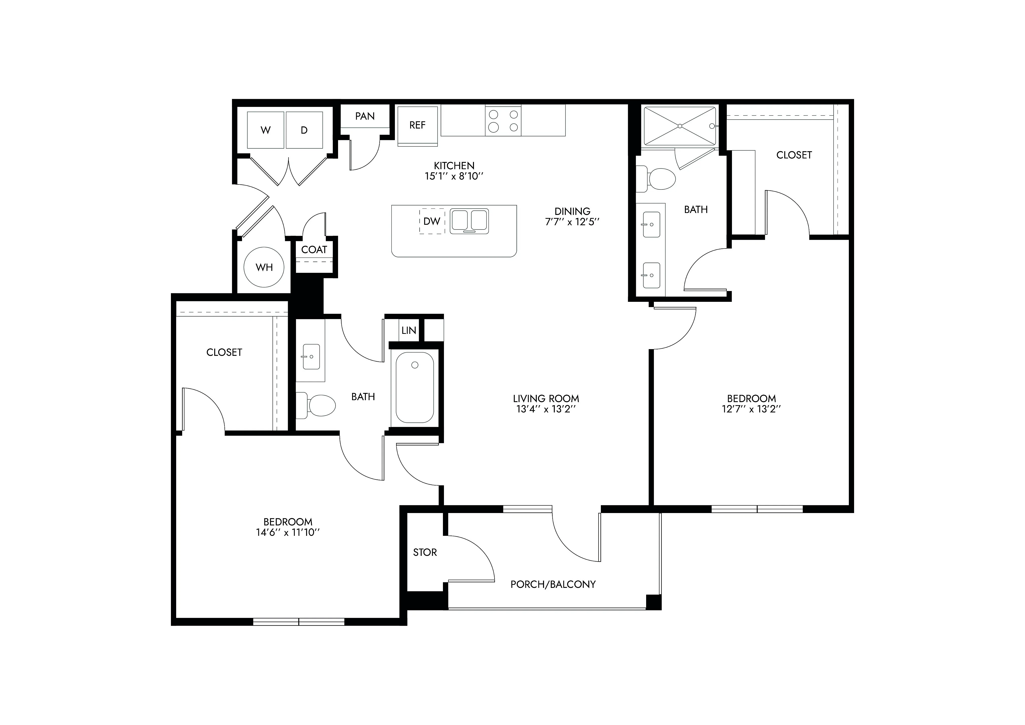 Elegant floor plan featuring two spacious bedrooms, two baths, open kitchen with island, and inviting living room leading to a porch.