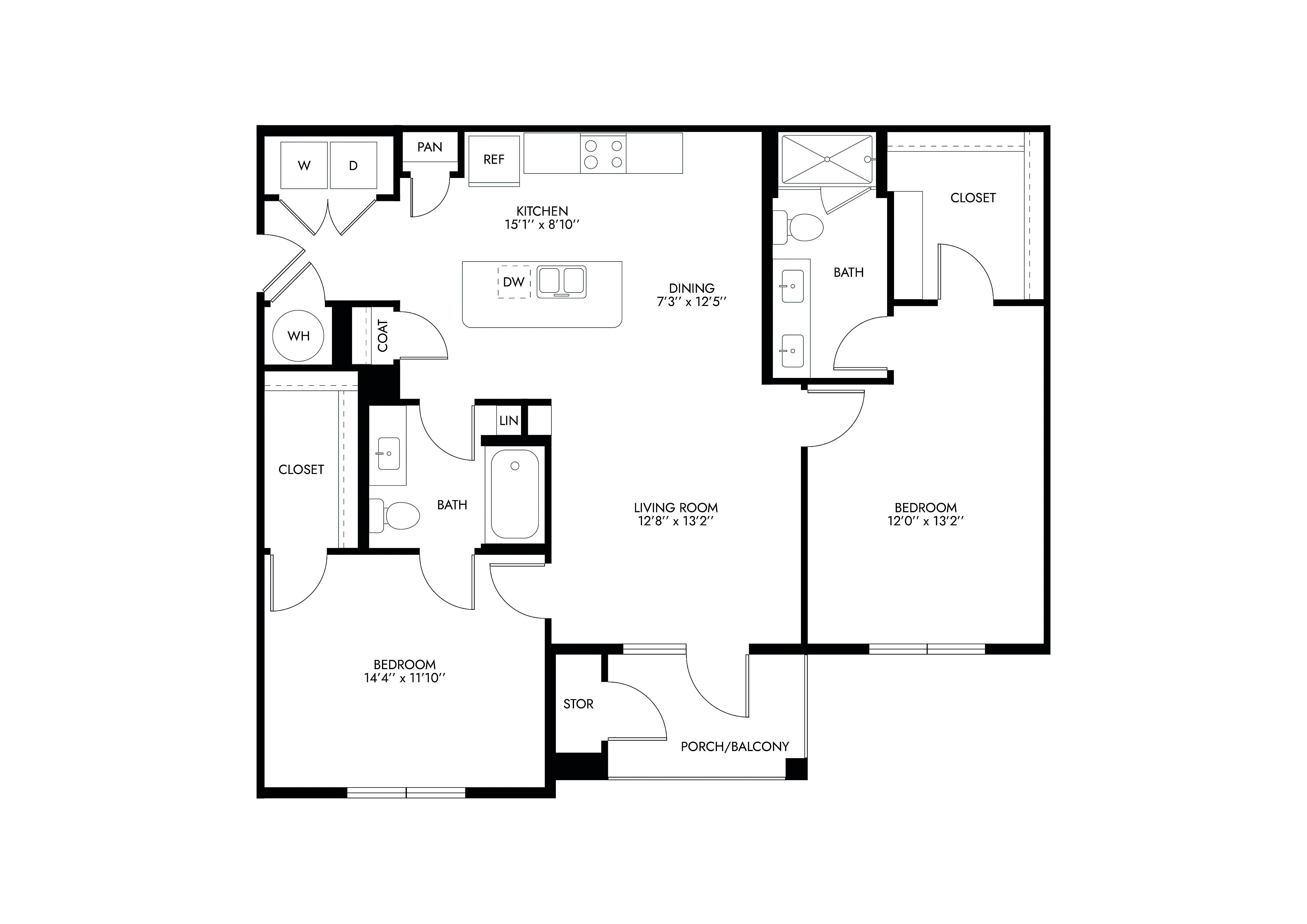 Modern floor plan showcasing 2 spacious bedrooms, a well-appointed kitchen, open dining and living areas, plus a cozy porch/balcony.