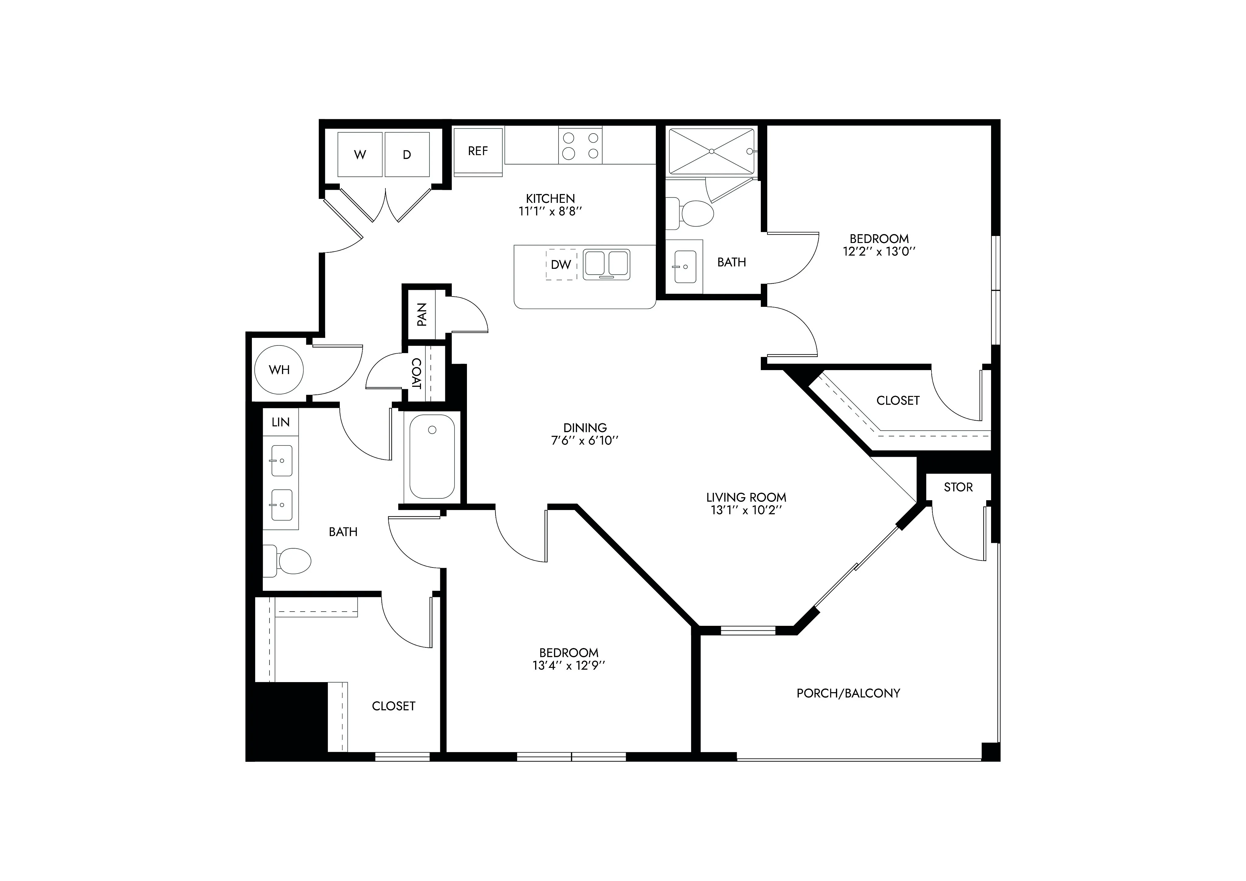 Modern floor plan showcasing 2 bedrooms, 2 bathrooms, an open kitchen, dining area, and a spacious living room with porch access.
