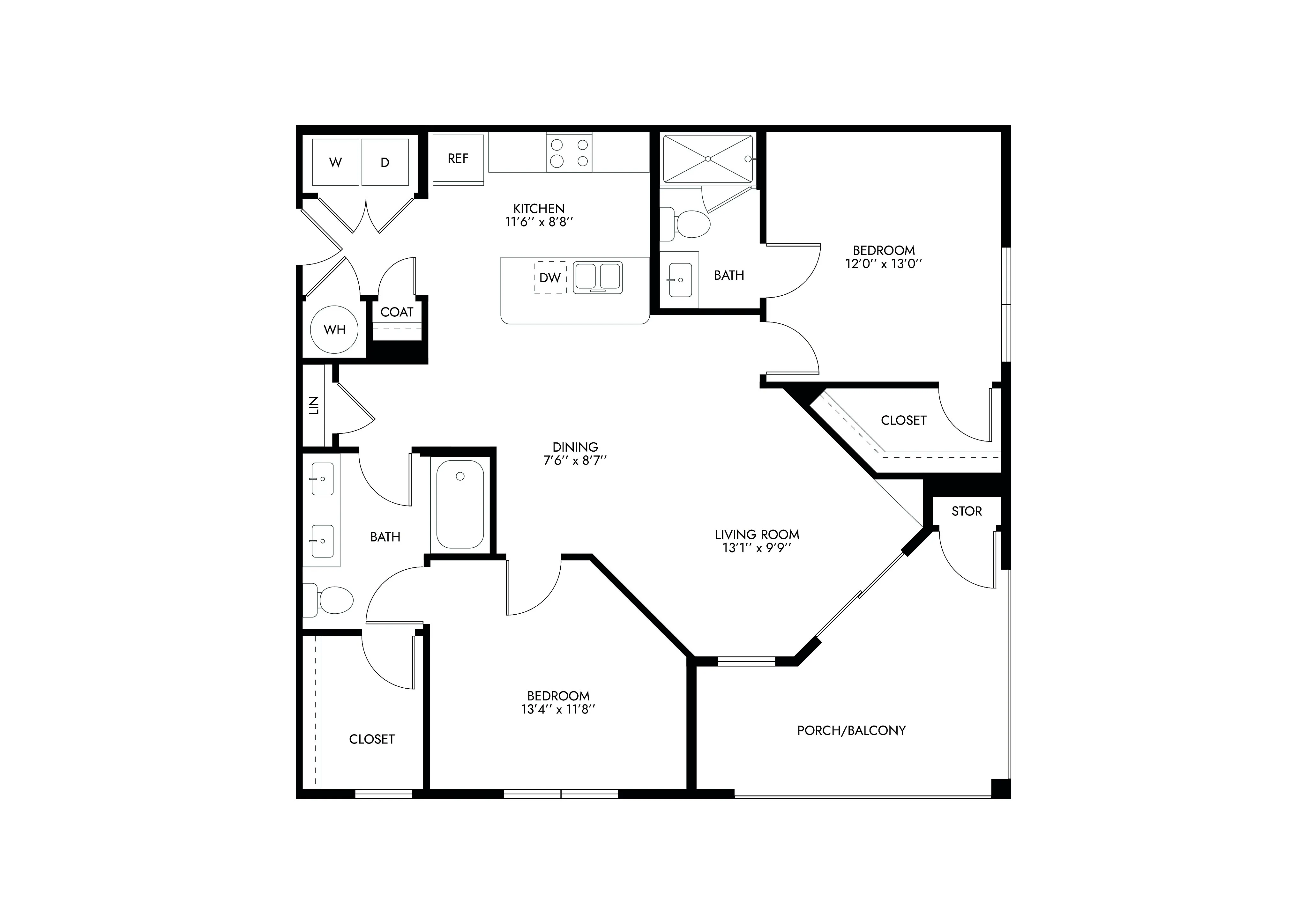 Modern floor plan featuring two spacious bedrooms, two bathrooms, a sleek kitchen, open dining area, cozy living room, and a charming porch balcony.