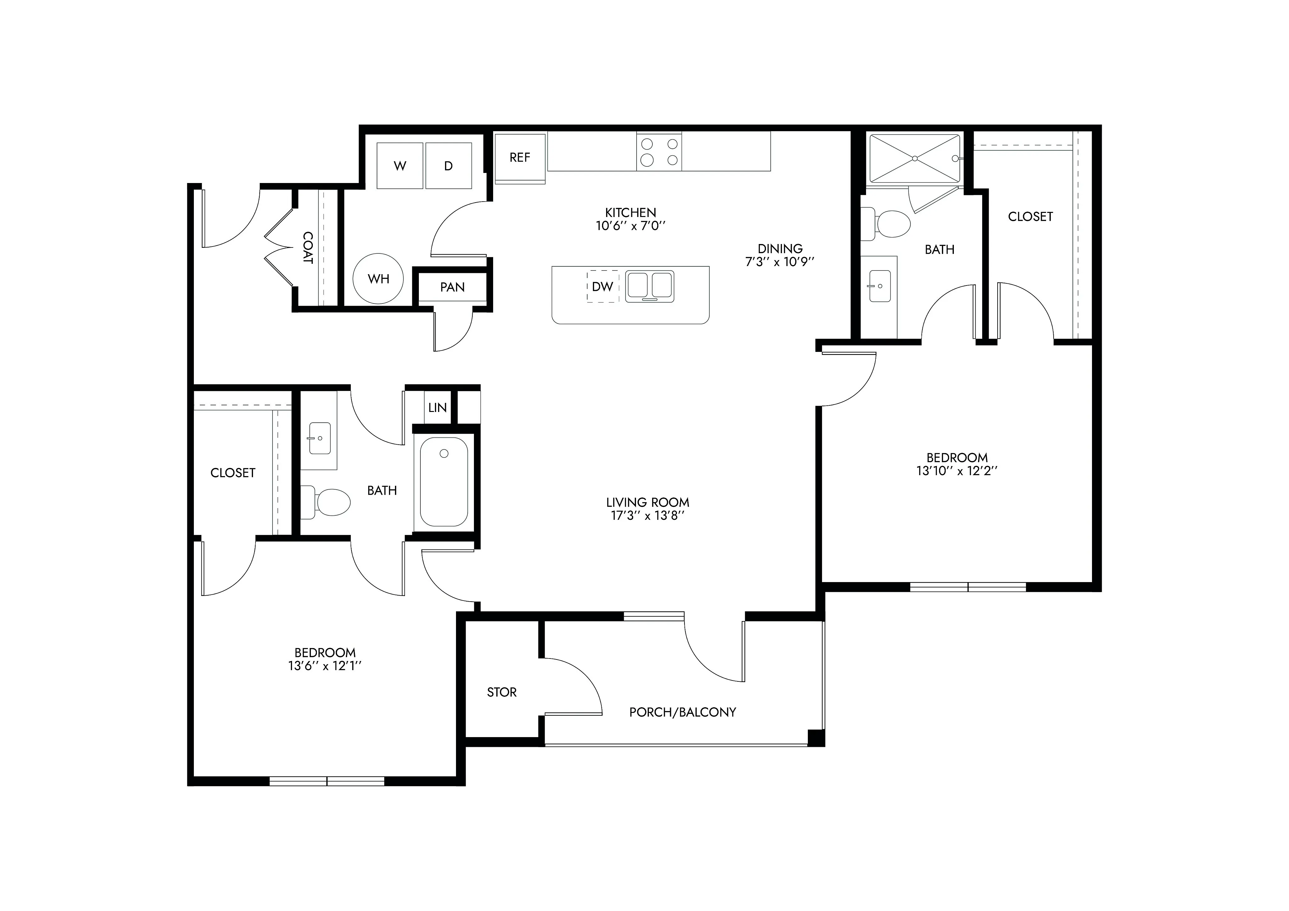 Modern 2-bedroom apartment floor plan featuring open kitchen, spacious living room, two baths, and a balcony.