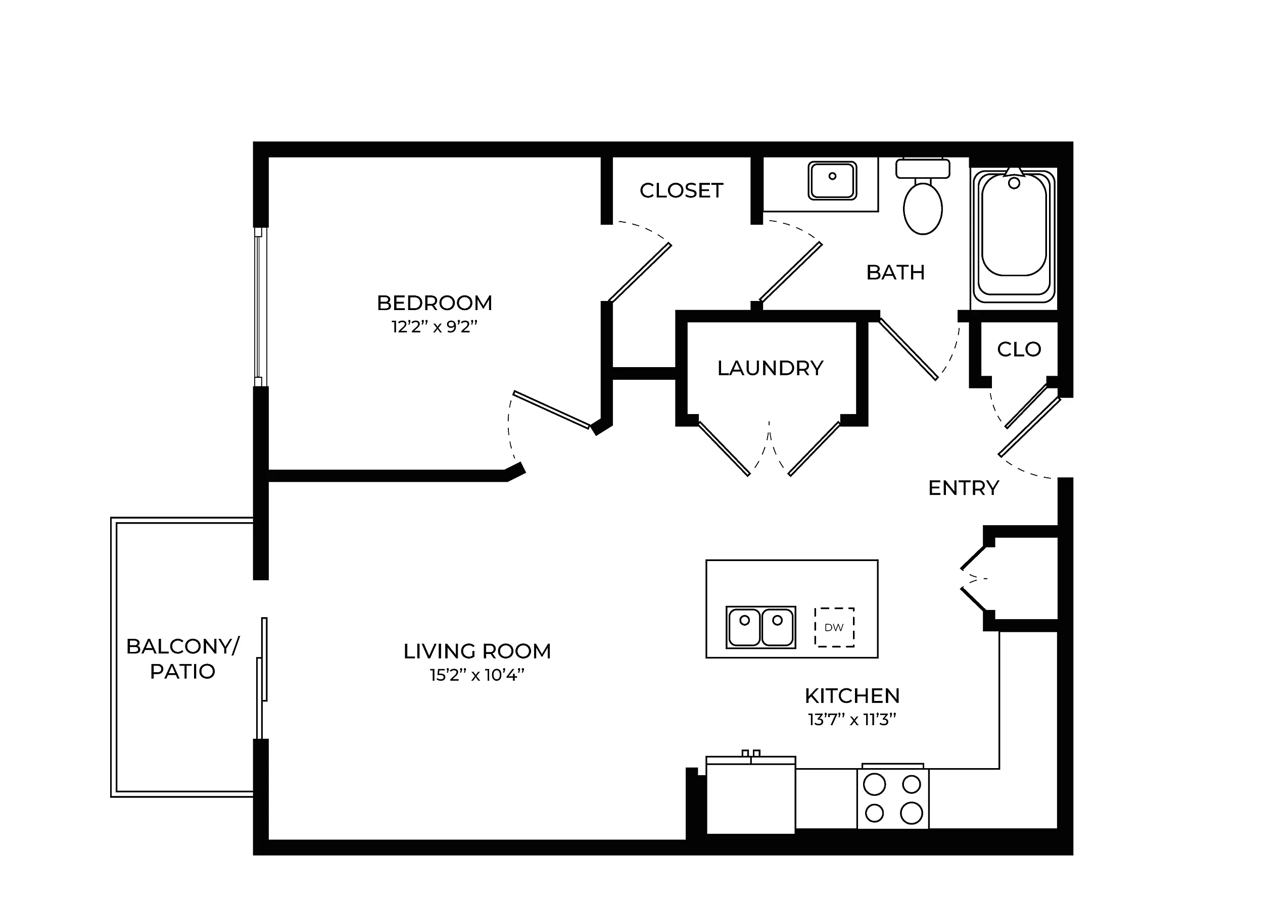 Modern floor plan showcasing a spacious 1-bedroom apartment with open living room and kitchen, featuring a balcony, laundry, and ample closet space.