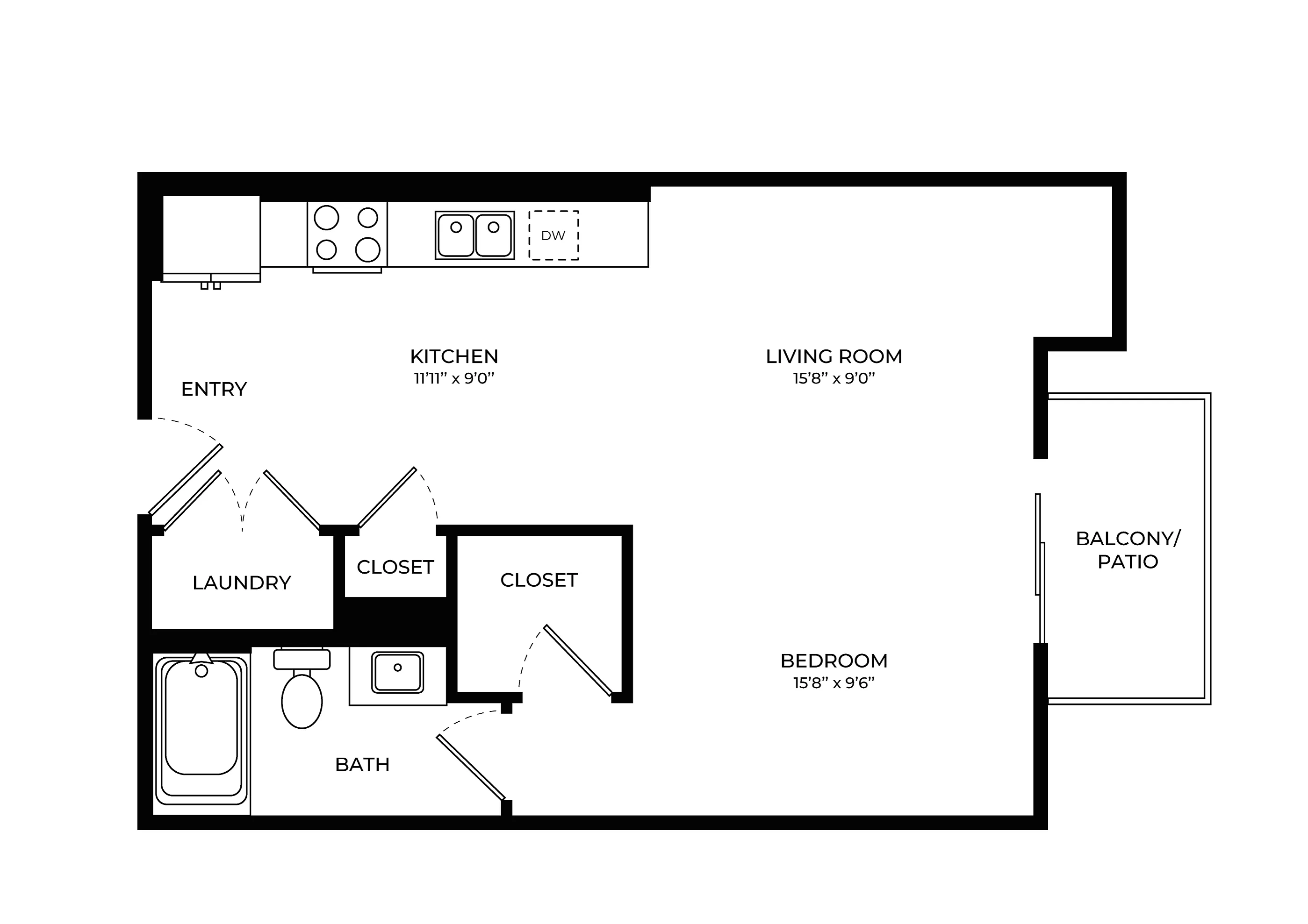 Modern studio floor plan with a spacious living room, cozy kitchen, convenient laundry area, and private balcony.