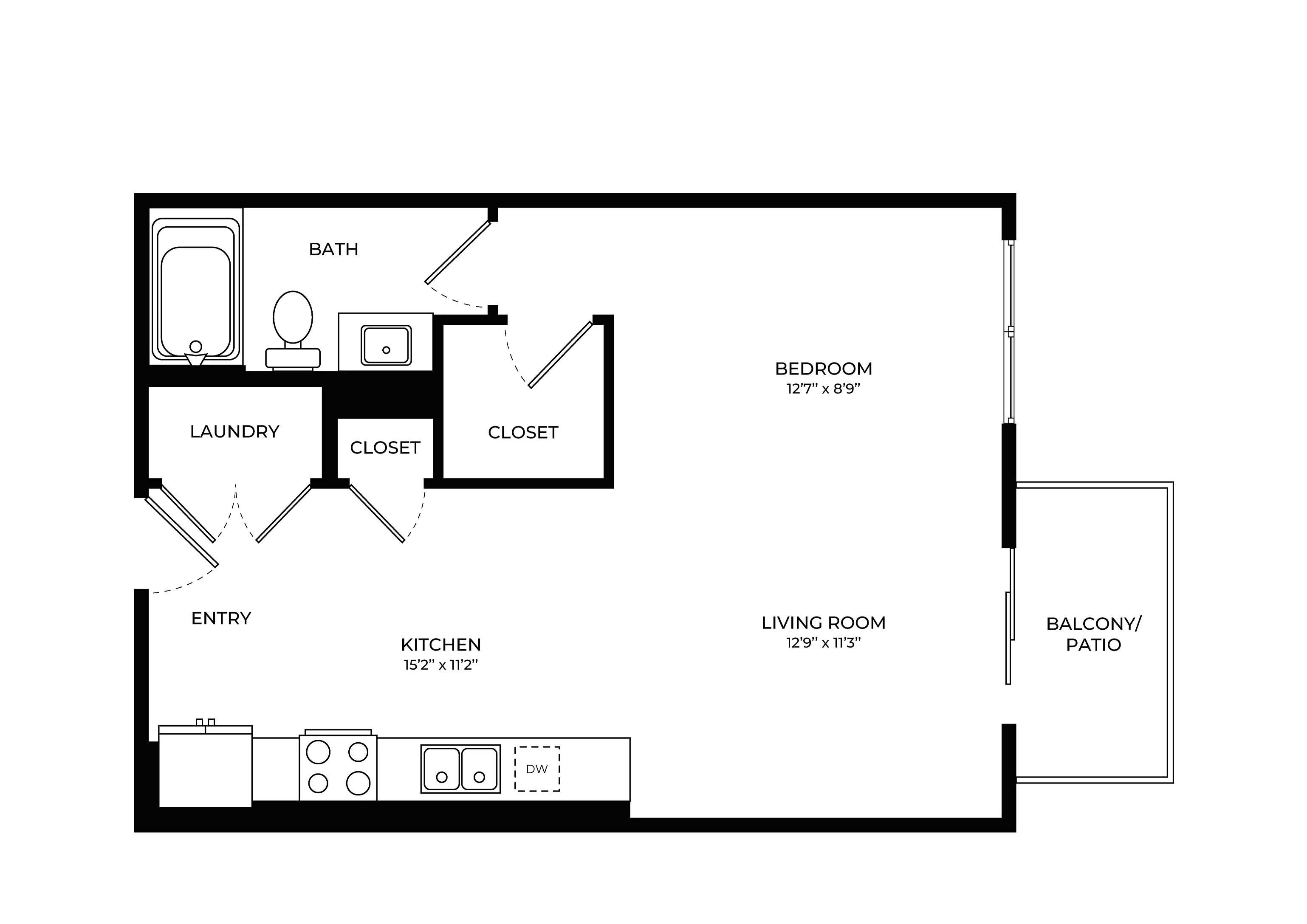 Modern studio floor plan showcasing an open-concept kitchen and living room, featuring a cozy balcony and in-unit laundry.