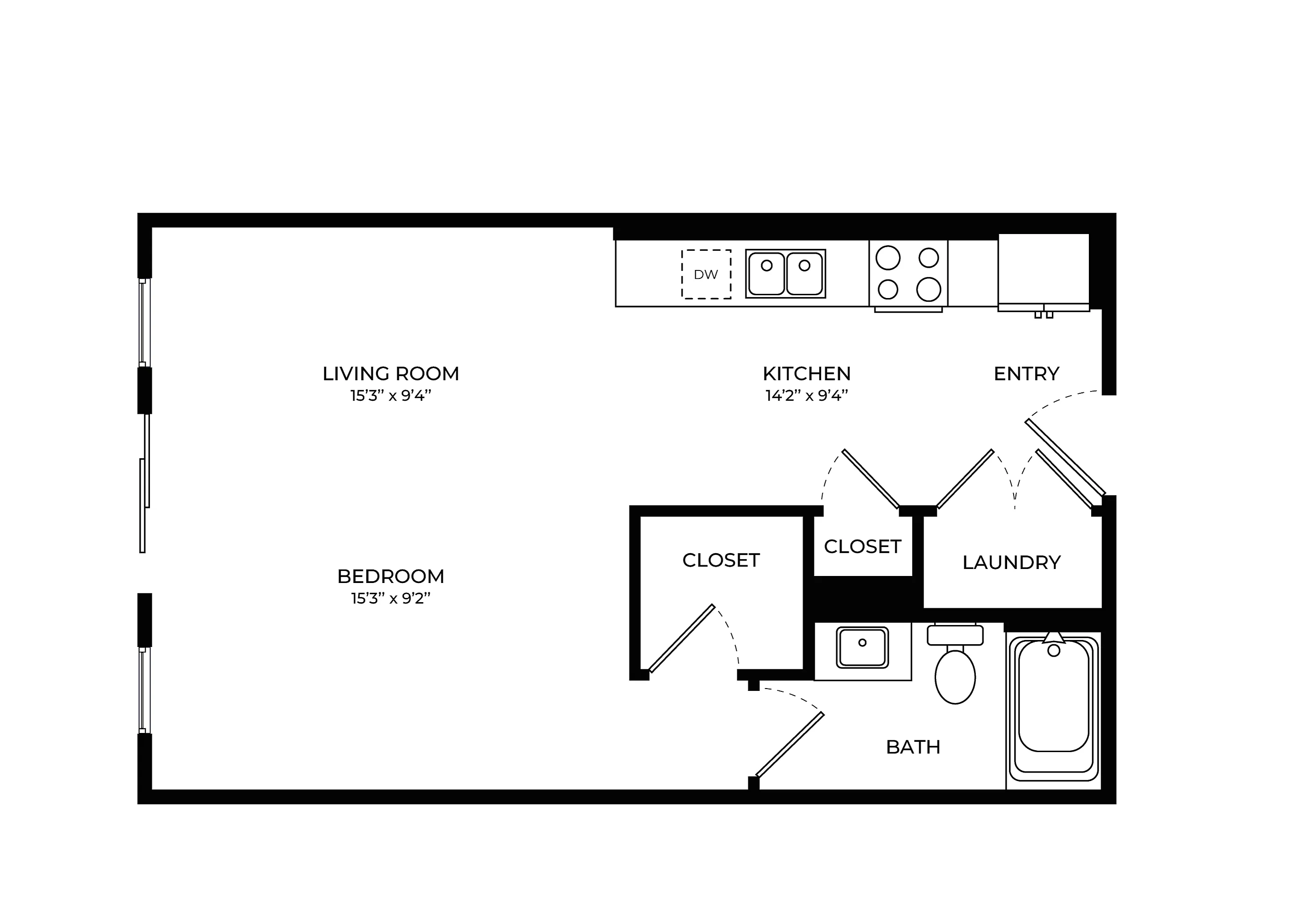 Modern apartment floor plan showcasing spacious living room, and efficient kitchen layout with in-unit laundry.